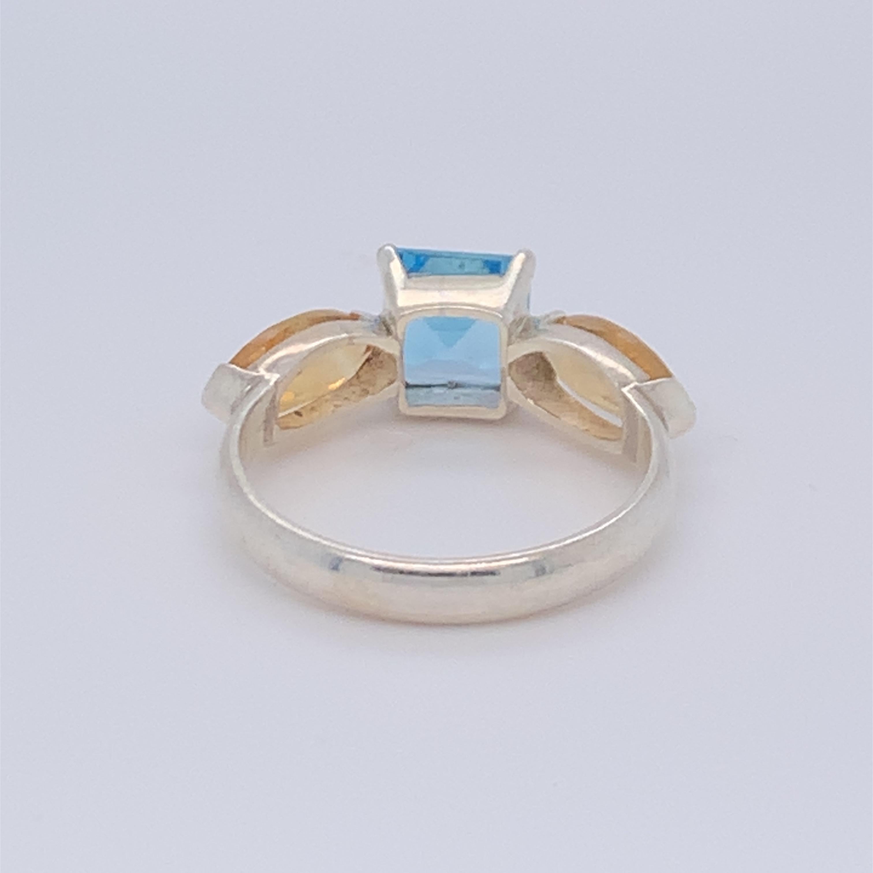 Handmade Sterling Silver Blue Topaz and Citrine Ring For Sale 2