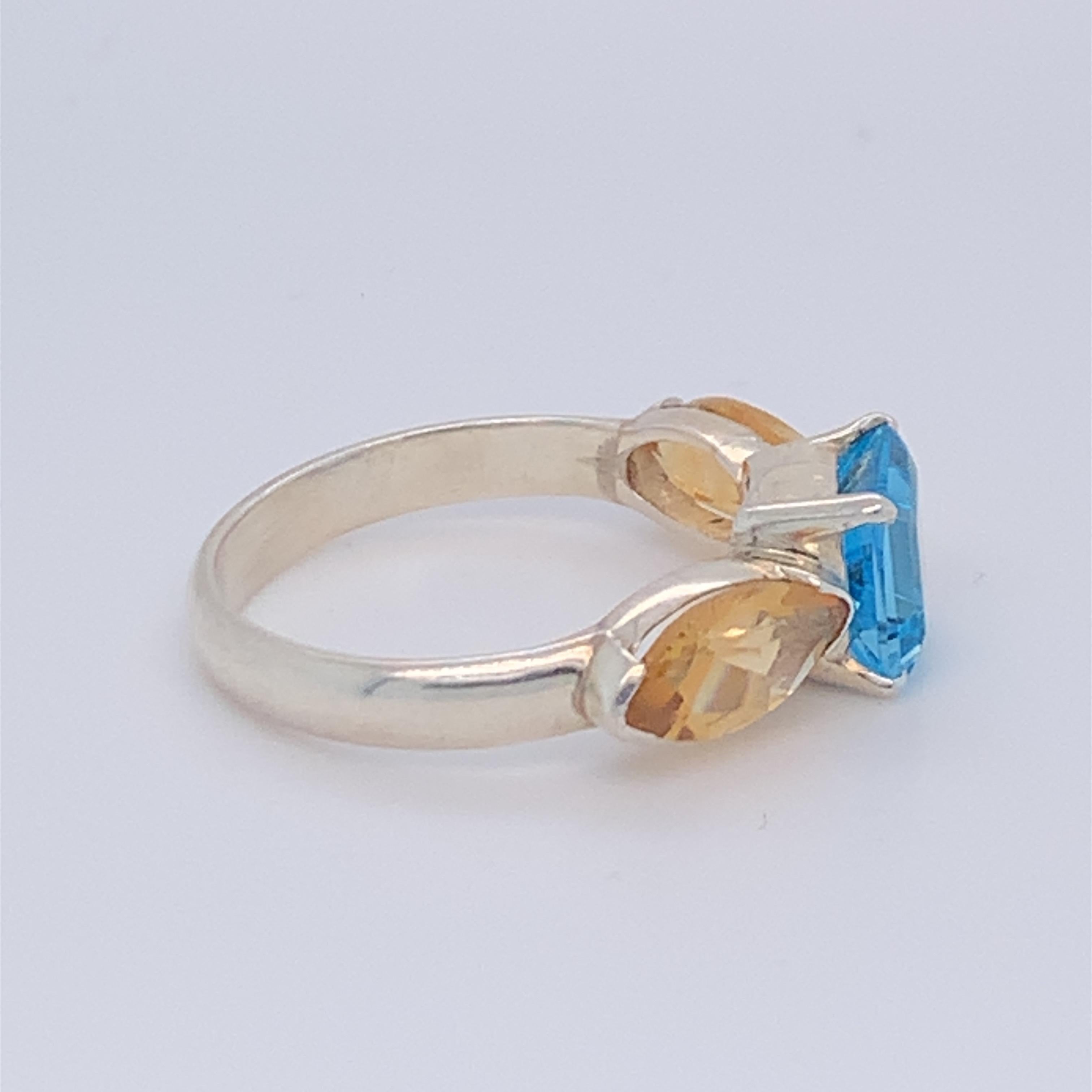 Square Cut Handmade Sterling Silver Blue Topaz and Citrine Ring For Sale
