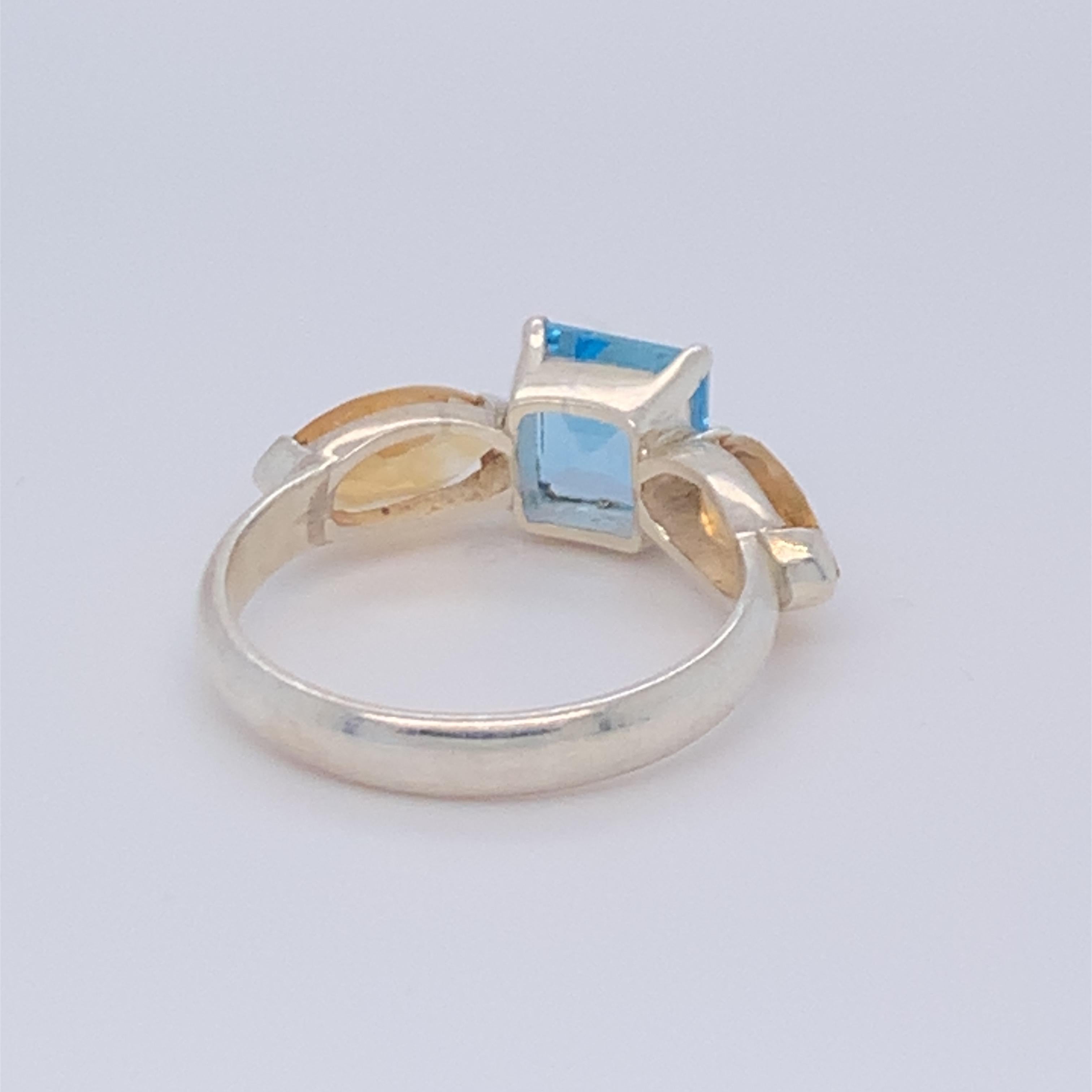 Handmade Sterling Silver Blue Topaz and Citrine Ring In New Condition For Sale In Trumbull, CT