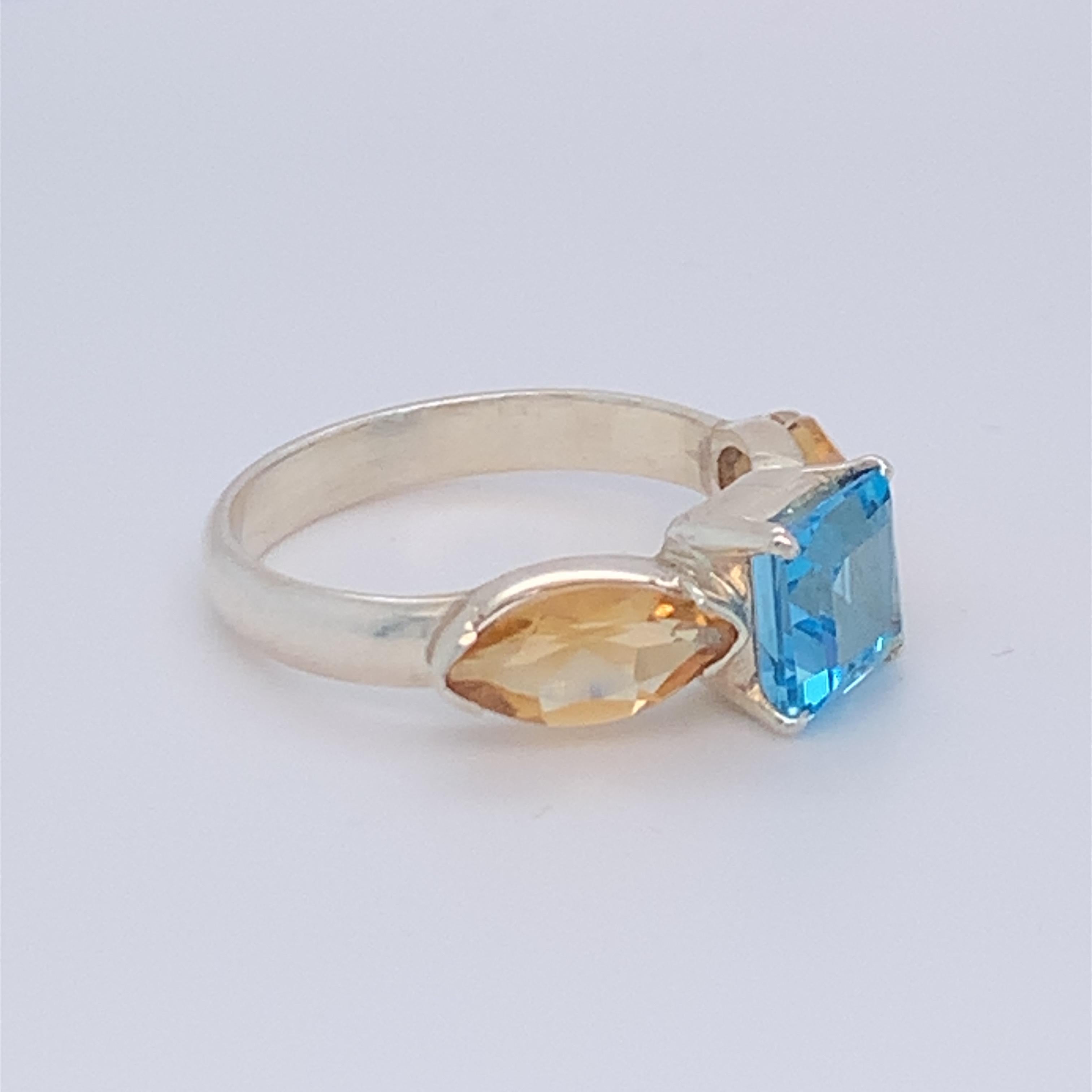 Women's Handmade Sterling Silver Blue Topaz and Citrine Ring For Sale