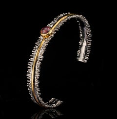 Handmade Sterling Silver Bracelet with Pink Tourmaline and Gold Accents