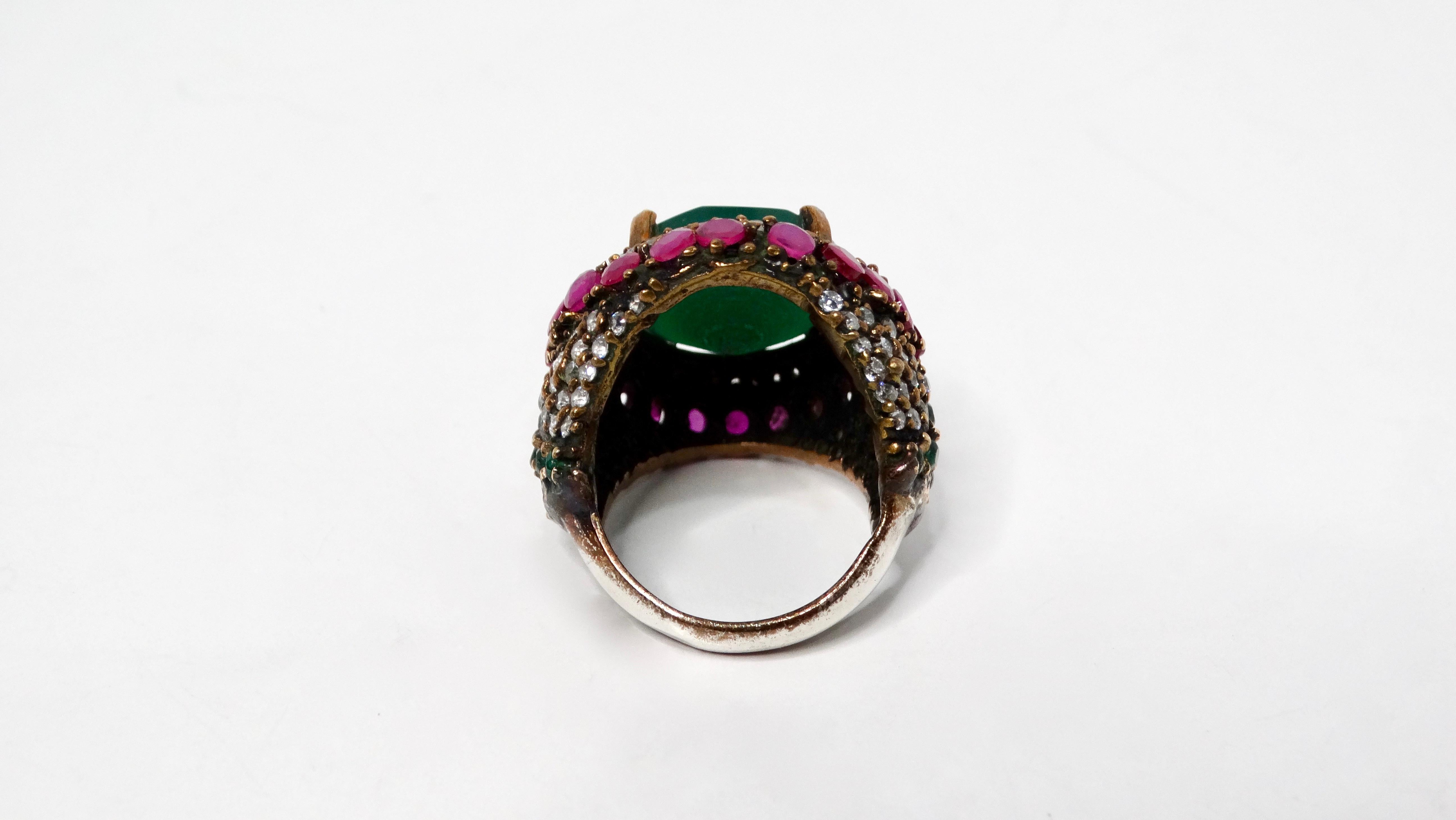 Donna Anello da cocktail in costume in argento 925 fatto a mano con smeraldo e strass in vendita