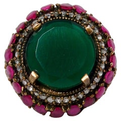 Vintage Handmade Sterling Silver Costume Emerald & Rhinestone Round Cocktail Ring