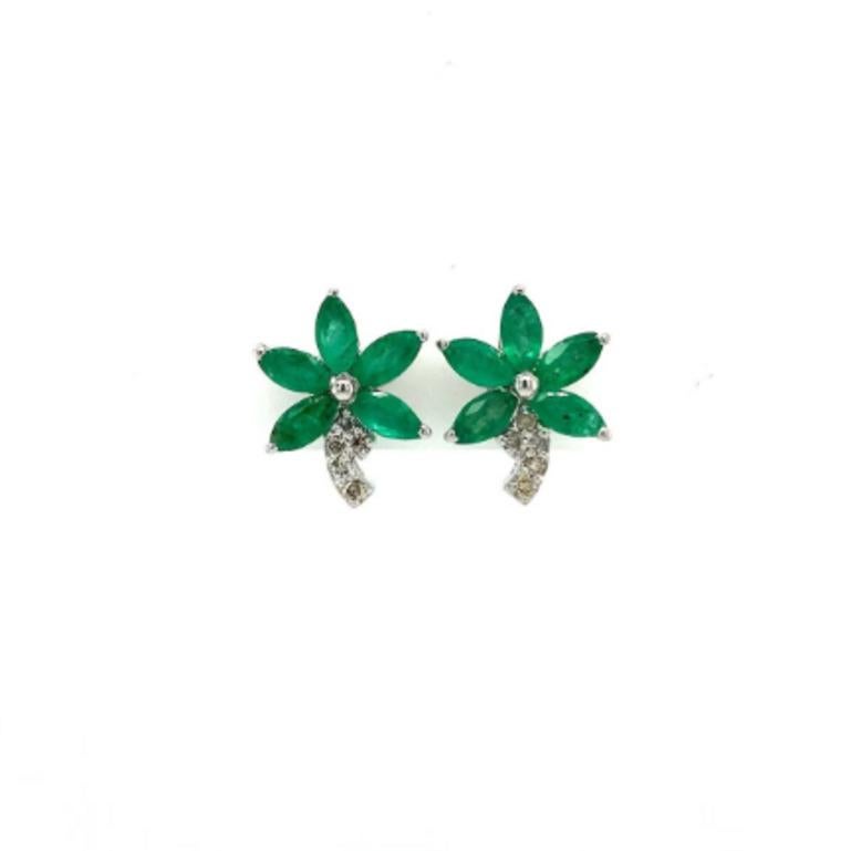 Marquise Cut Handmade Sterling Silver Natural Emerald Diamond Floral Stud Earrings For Sale