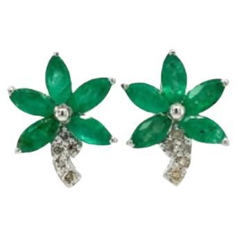 Handmade Sterling Silver Natural Emerald Diamond Floral Stud Earrings For Sale