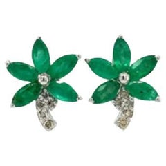 Handmade Sterling Silver Natural Emerald and Diamond Flower Stud Earrings