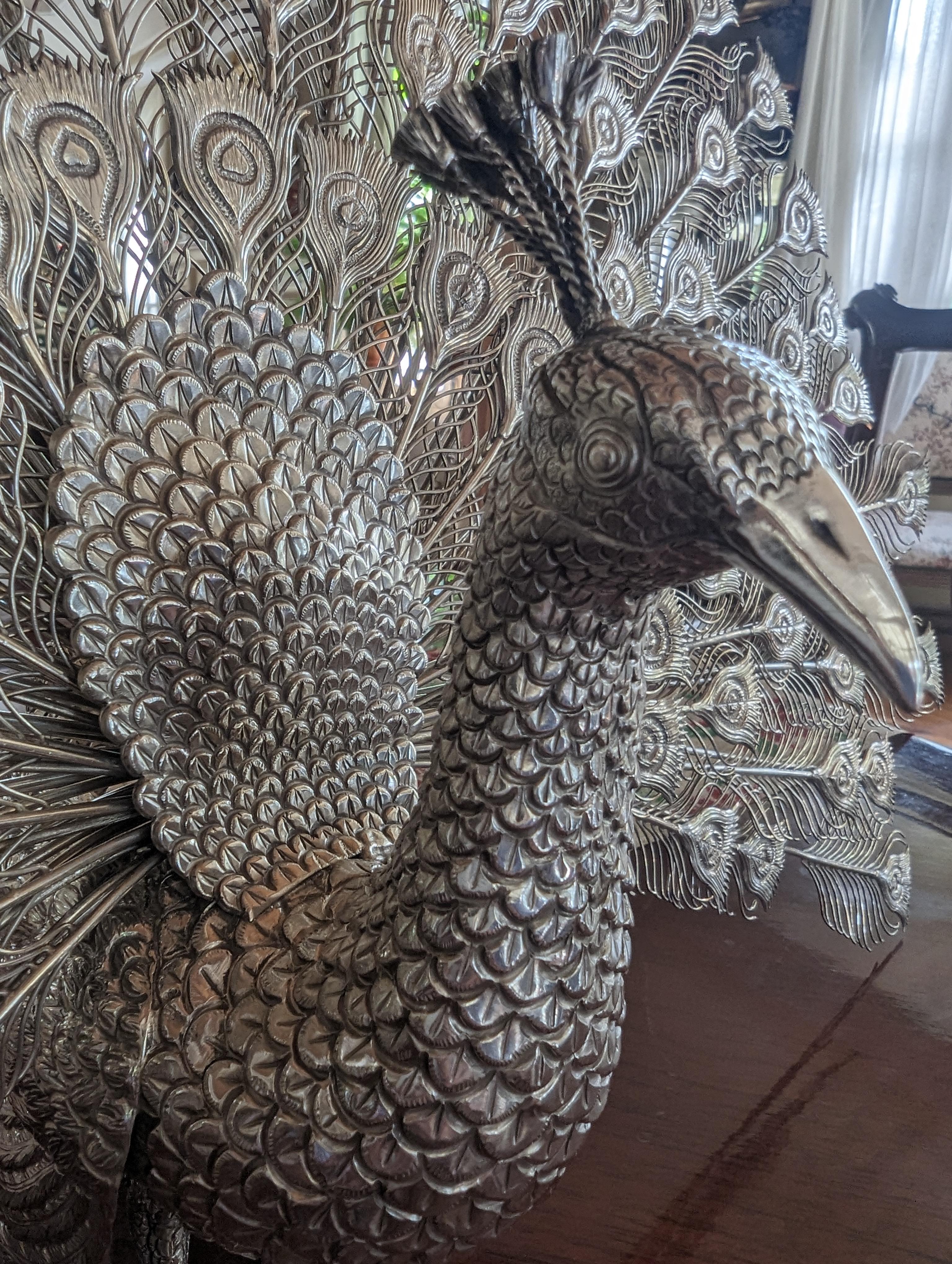 Colonial Revival Handmade Sterling Silver Peacock For Sale
