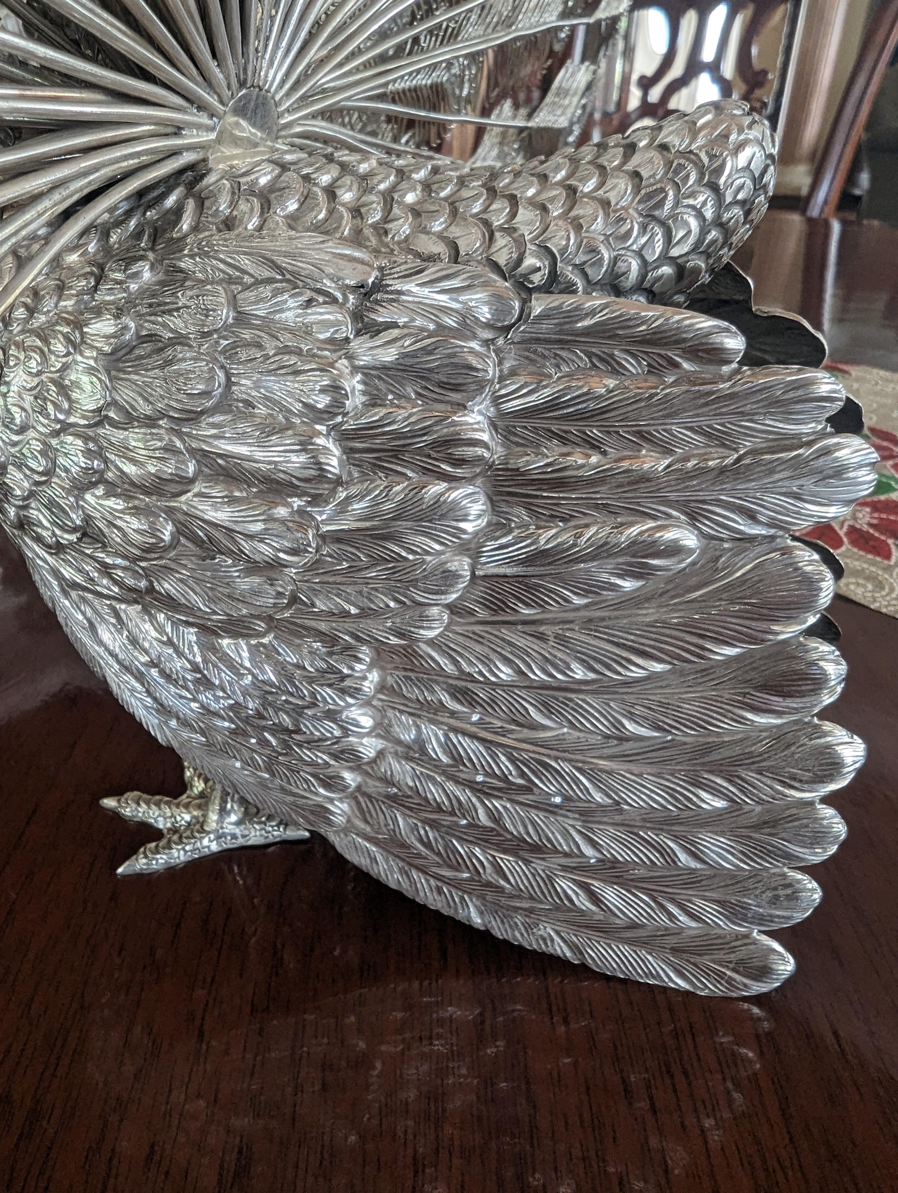 Embossed Handmade Sterling Silver Peacock For Sale