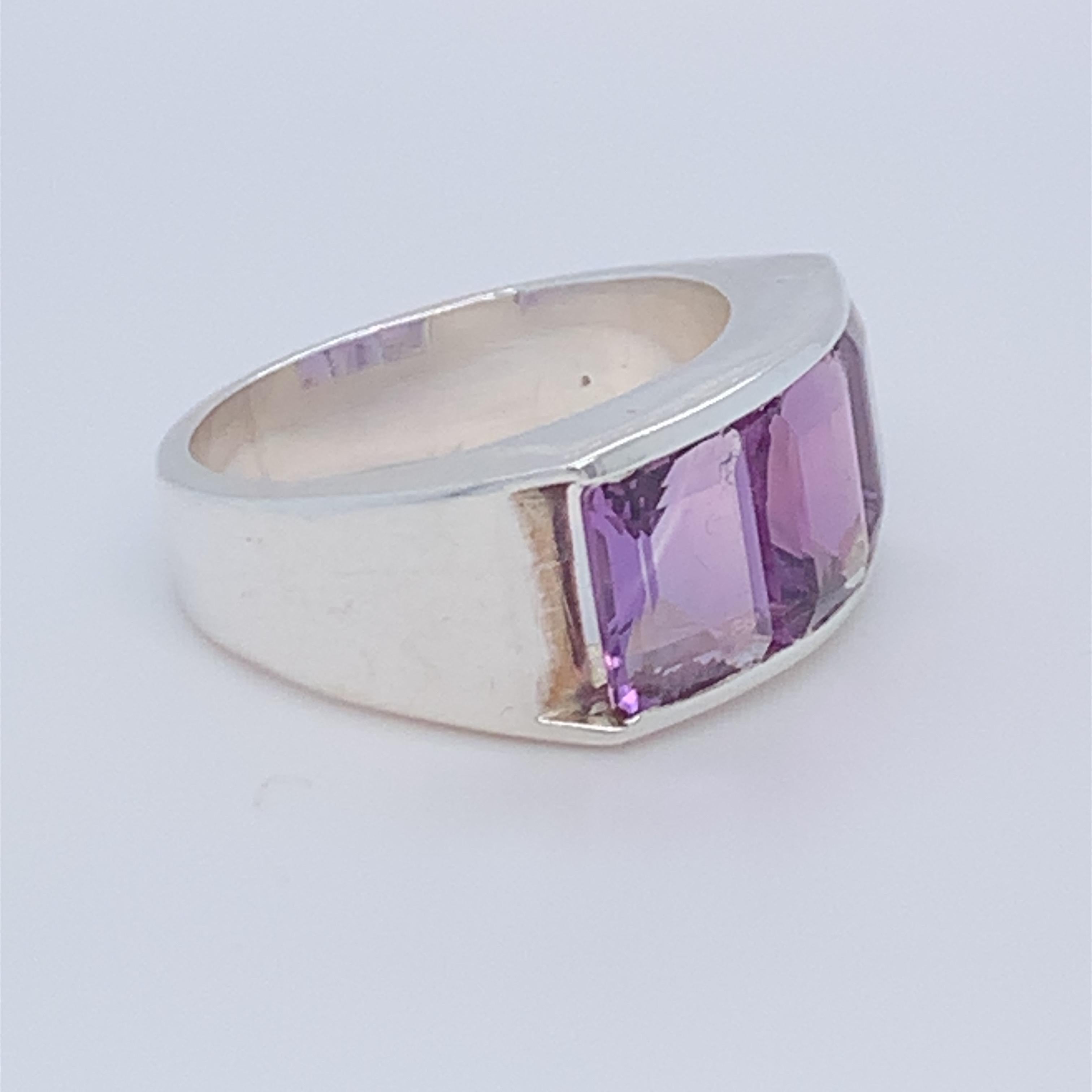Handmade Sterling Silver Three-Stone Half Band Amethyst Ring For Sale 3