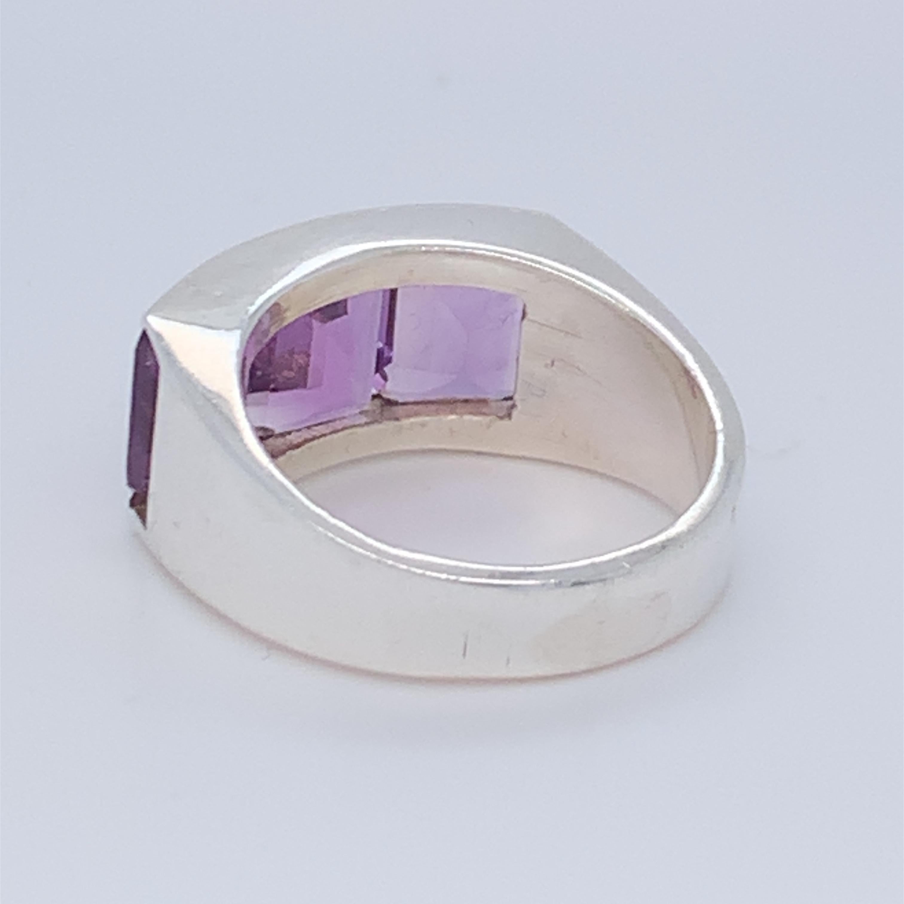 Handmade Sterling Silver Three-Stone Half Band Amethyst Ring For Sale 5