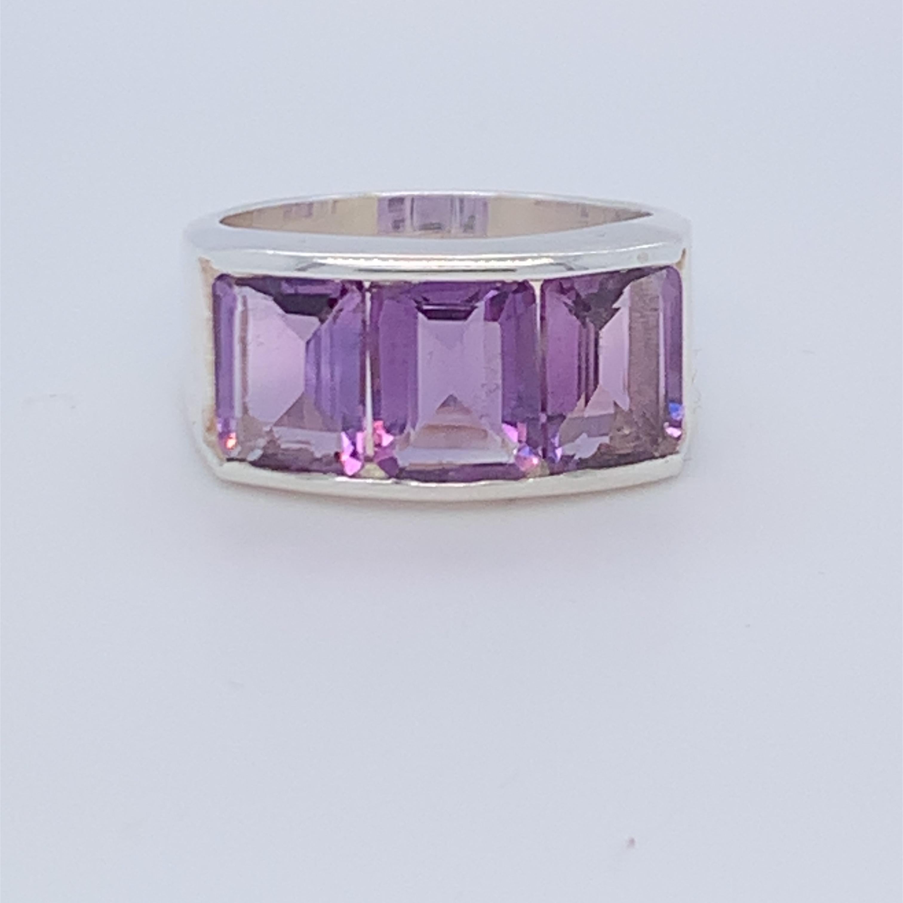 Handmade Sterling Silver Three-Stone Half Band Amethyst Ring For Sale 6