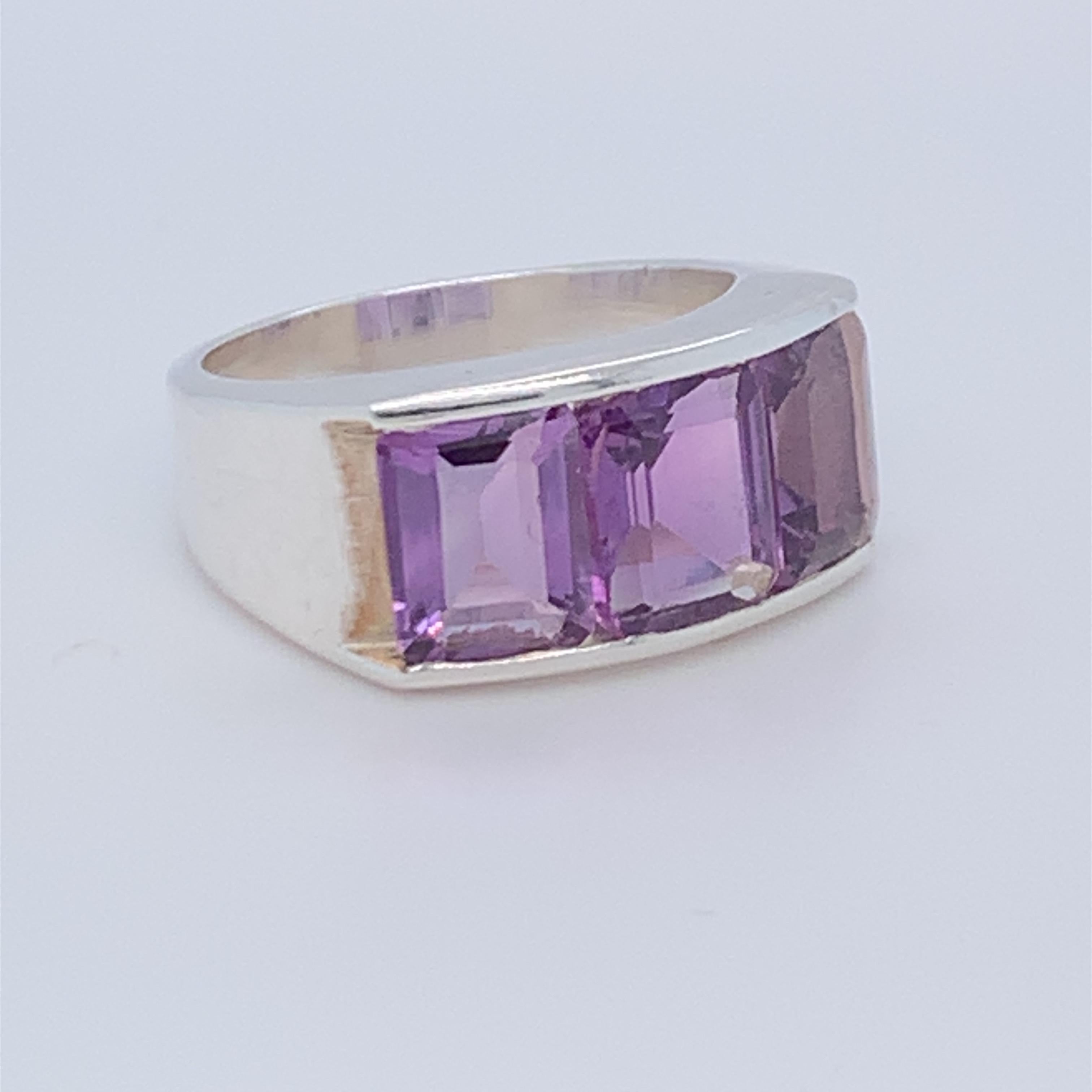 Handmade Sterling Silver Three-Stone Half Band Amethyst Ring For Sale 7