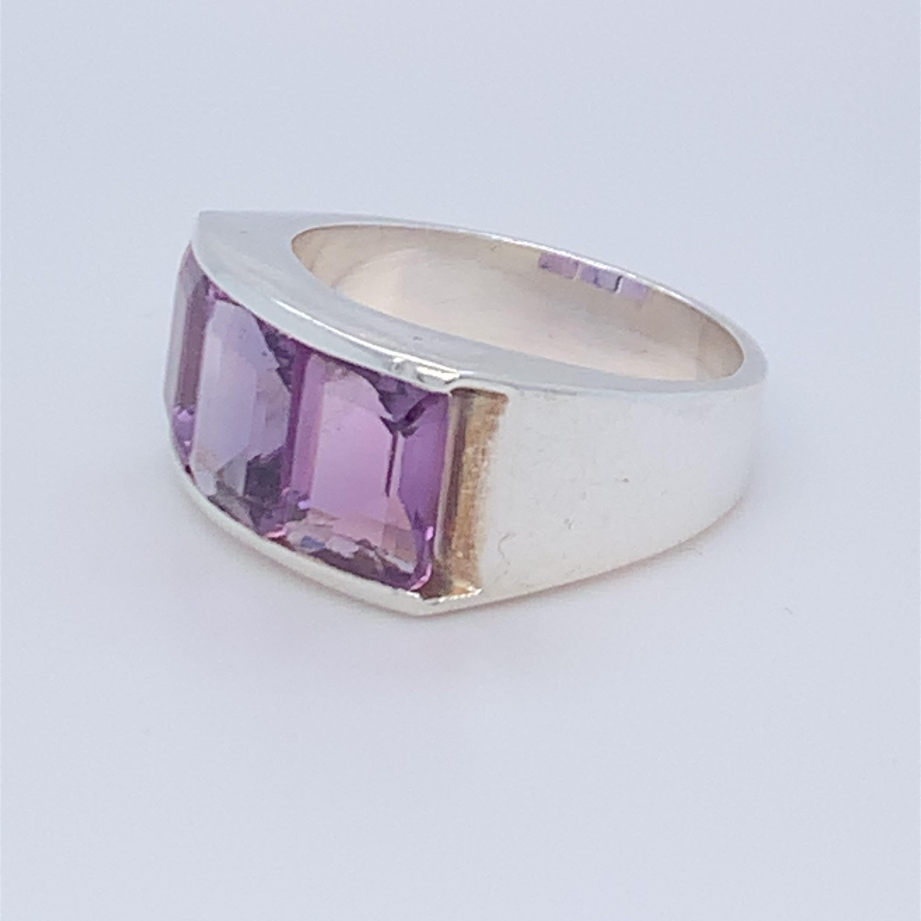 Handmade Sterling Silver Three-Stone Half Band Amethyst Ring In New Condition For Sale In Trumbull, CT