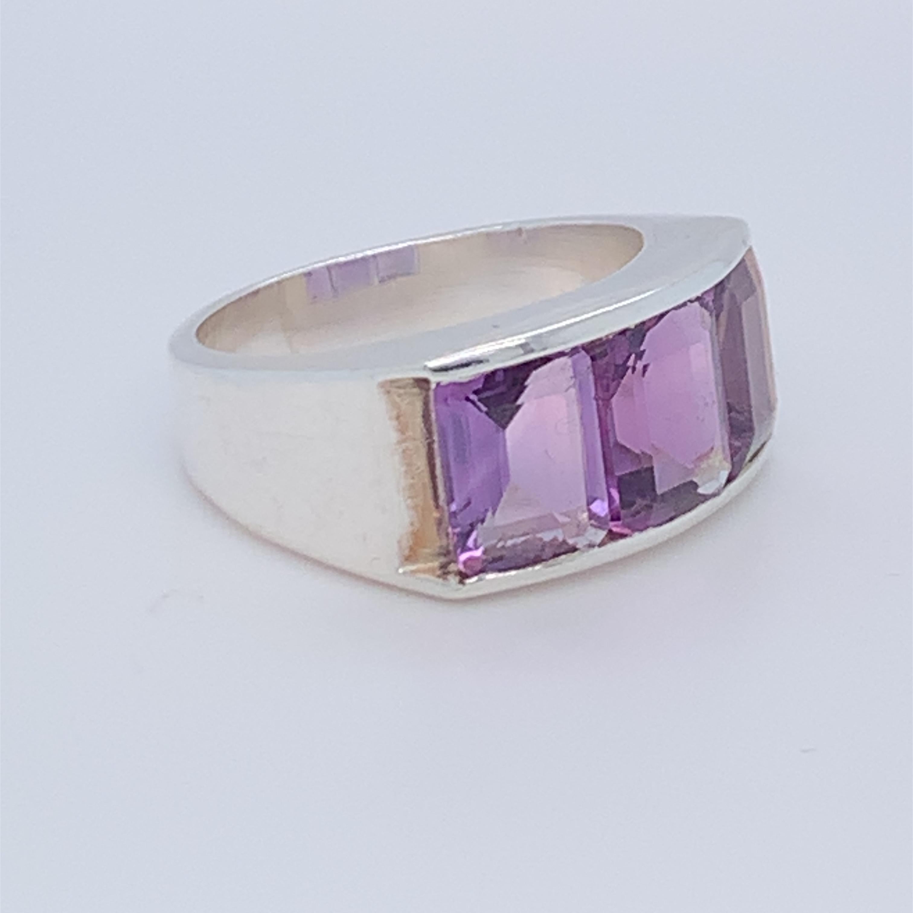 Women's or Men's Handmade Sterling Silver Three-Stone Half Band Amethyst Ring For Sale