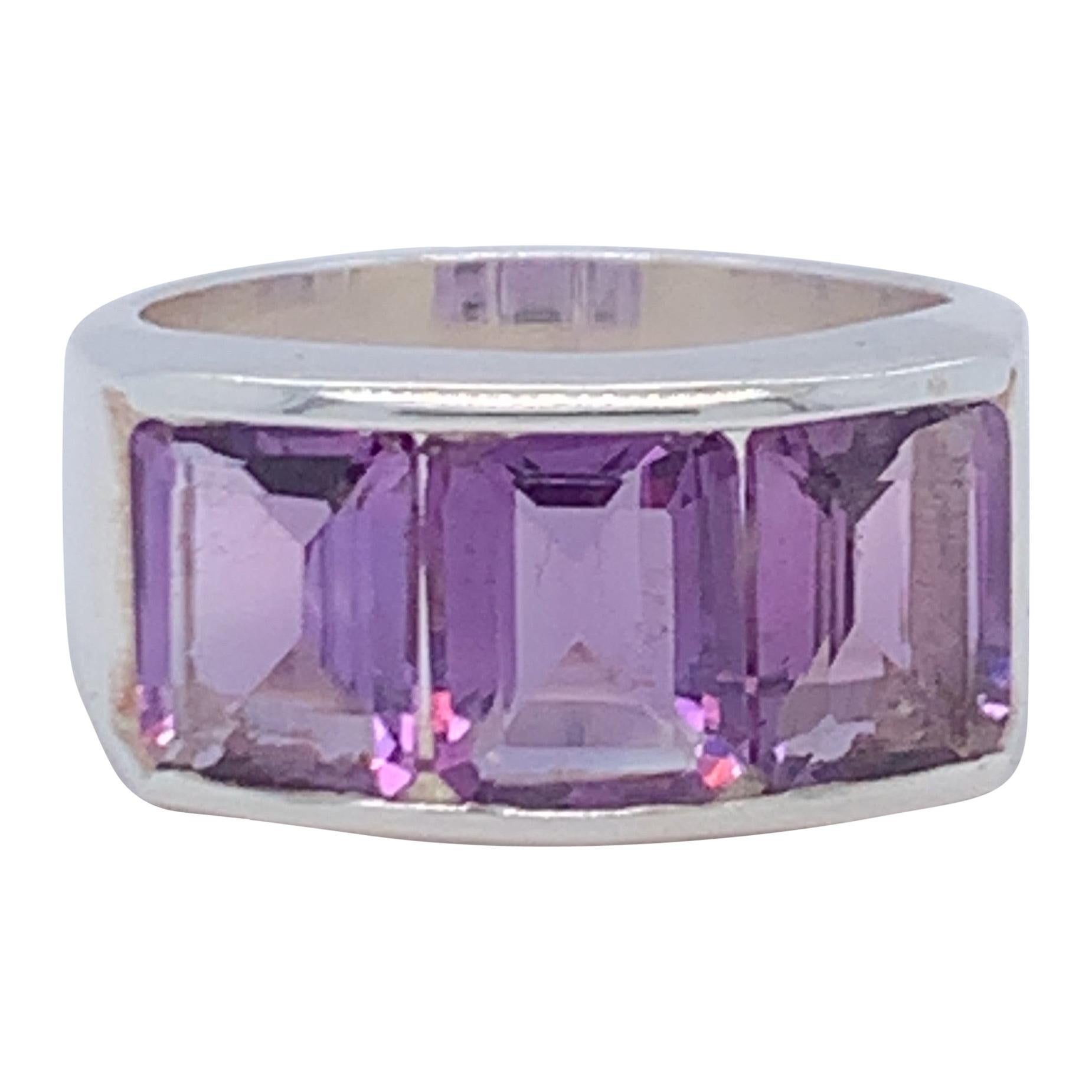 Handmade Sterling Silver Three-Stone Half Band Amethyst Ring For Sale