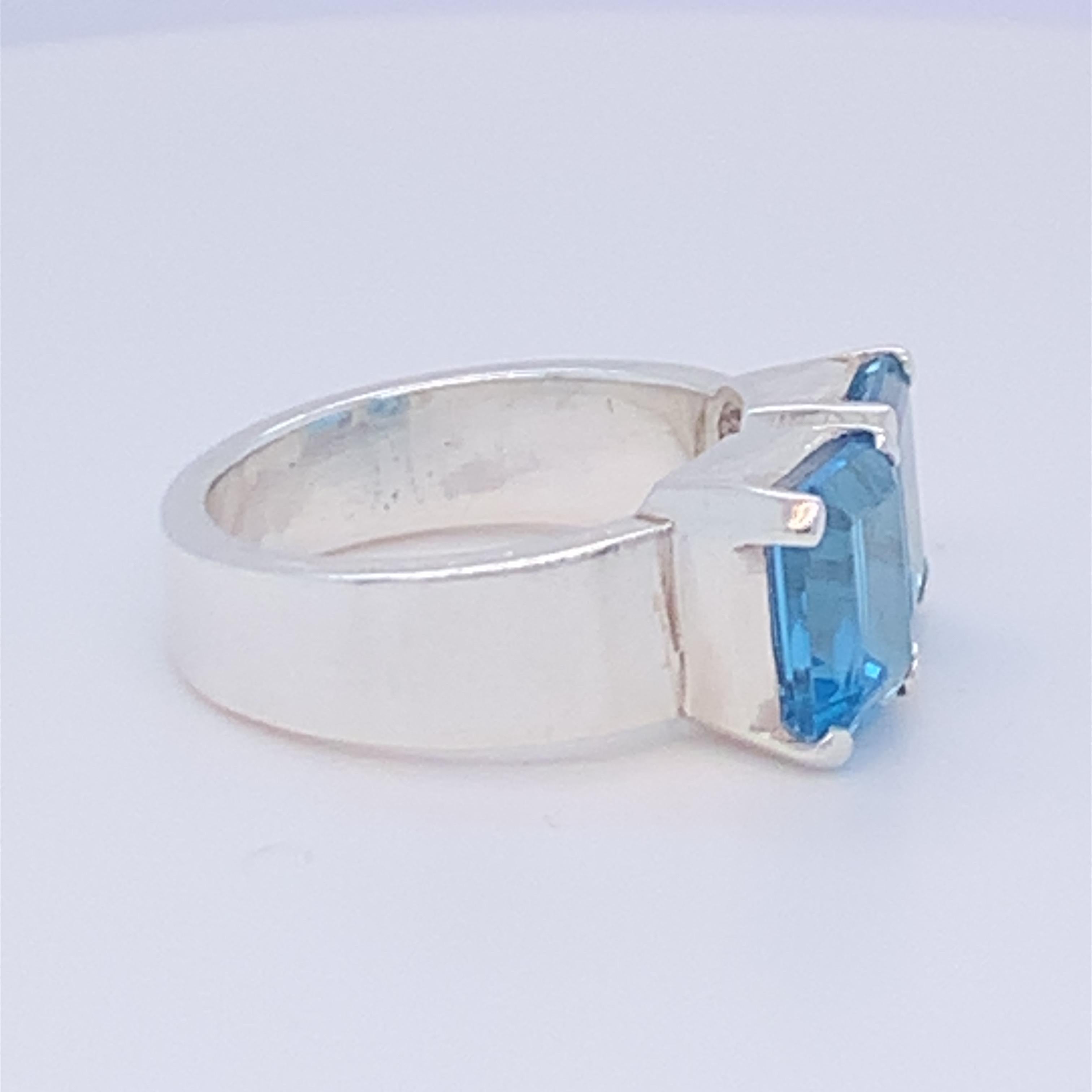 Ring aus handgefertigtem Sterlingsilber mit zwei blauen Topasen Damen im Angebot
