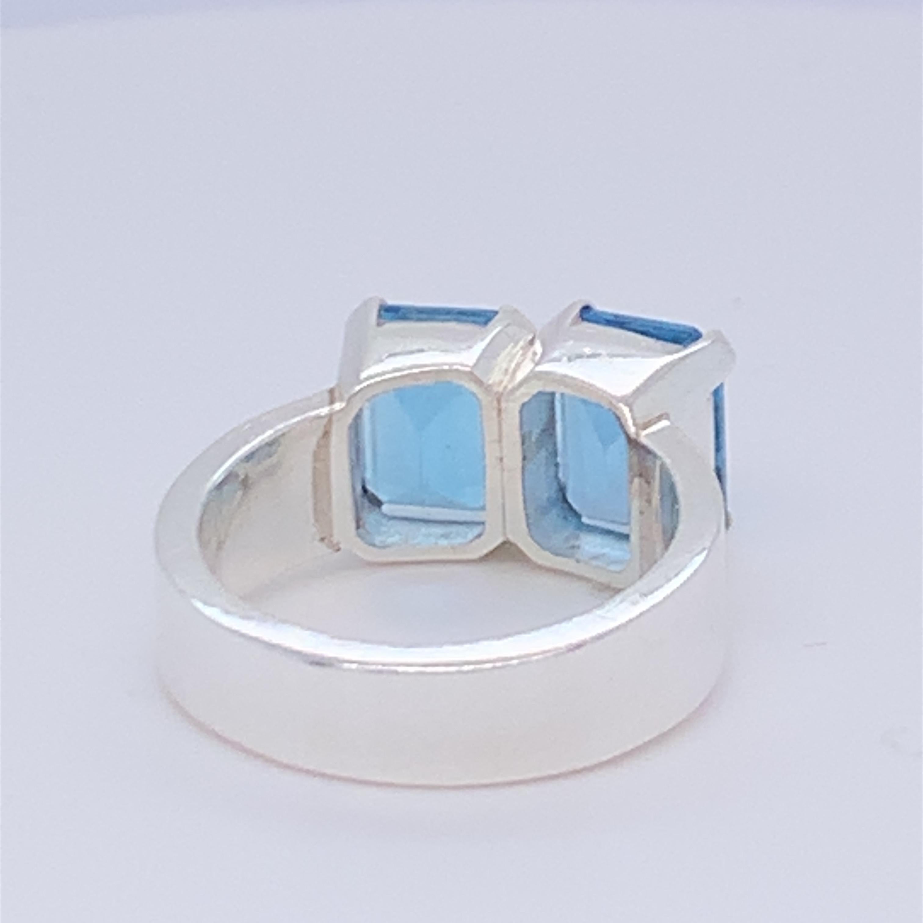 Octagon Cut Handmade Sterling Silver Two-Stone Blue Topaz Ring For Sale