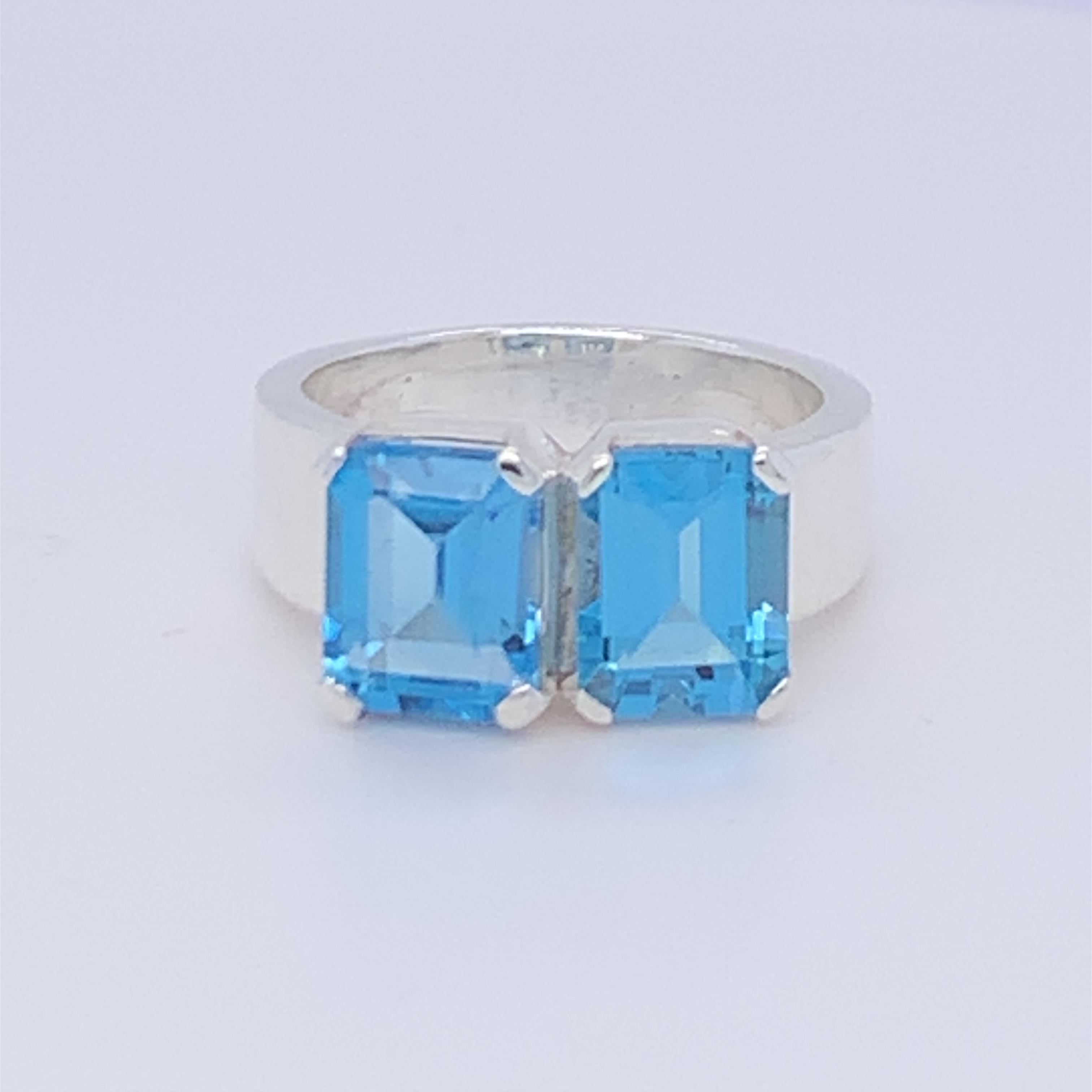 Ring aus handgefertigtem Sterlingsilber mit zwei blauen Topasen im Angebot 2
