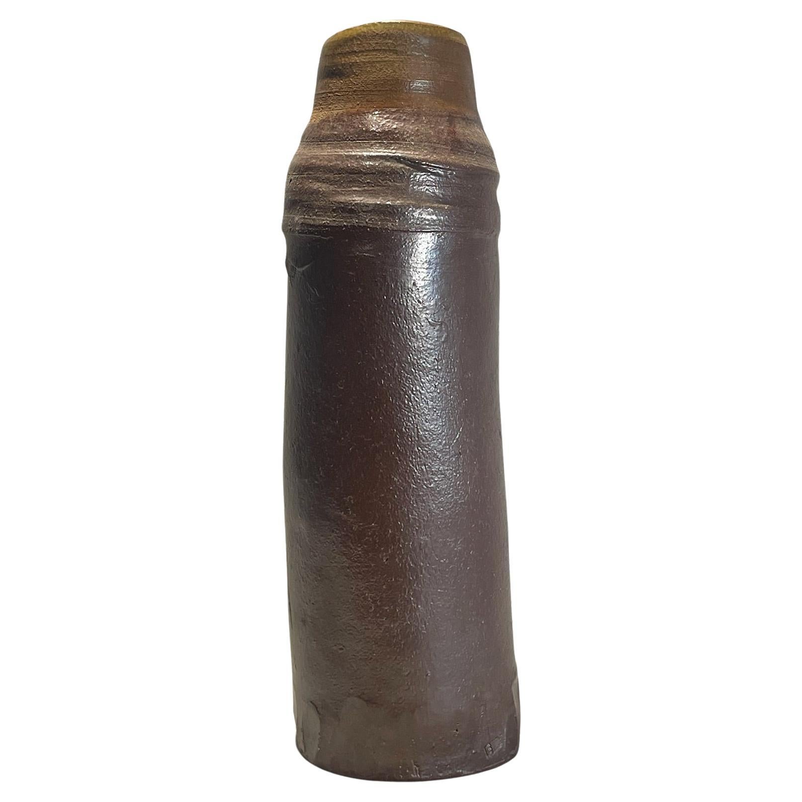 Handmade Stoneware Cylinder Vase with Dark Iron-Oxide Glaze For Sale