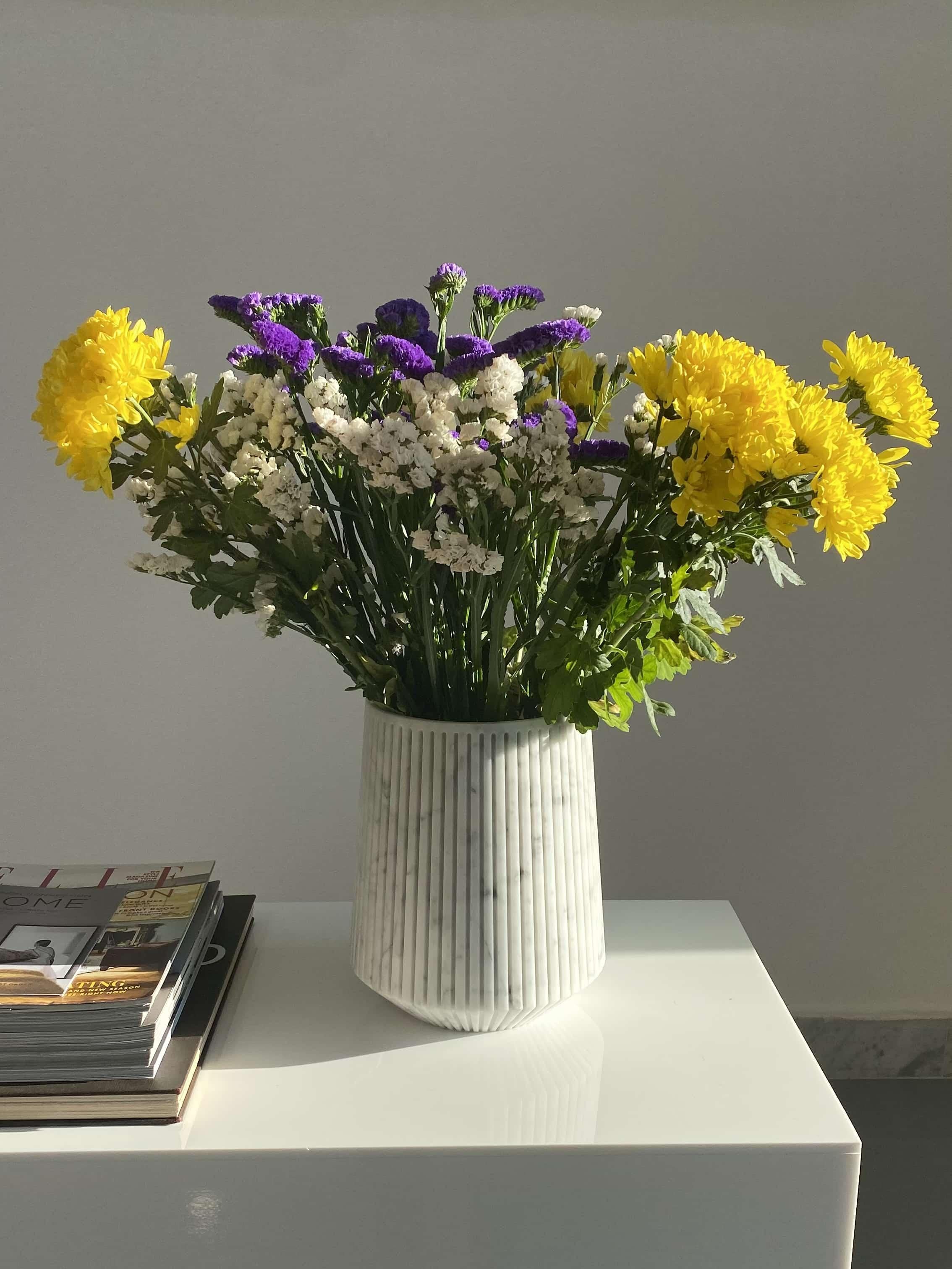 Italian Handmade Striped Wide Vase in White Carrara Marble For Sale