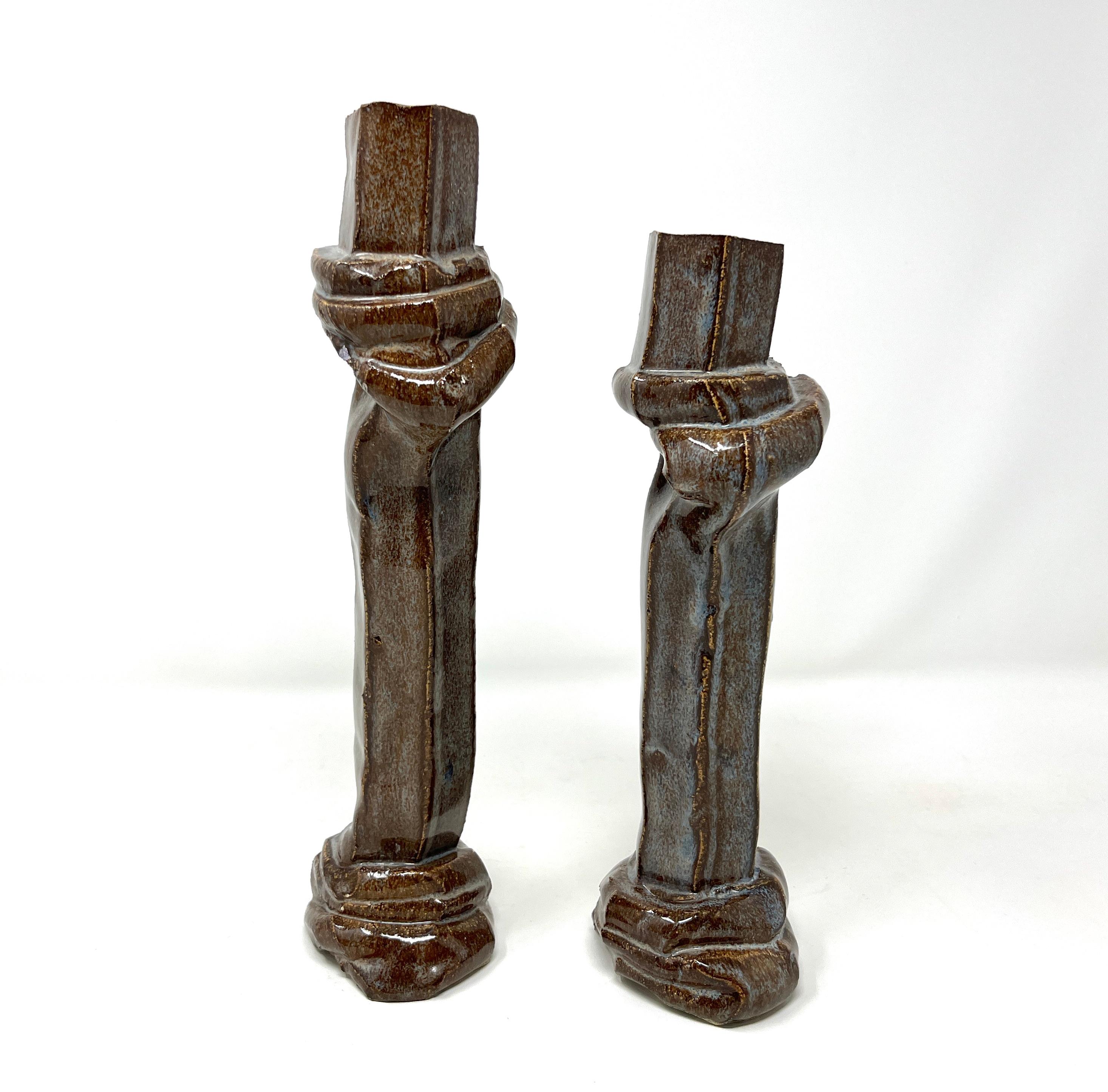 Unknown Handmade Studio Art Postmodern Ceramic Candlesticks, Pair Blue Brown Bohemian For Sale
