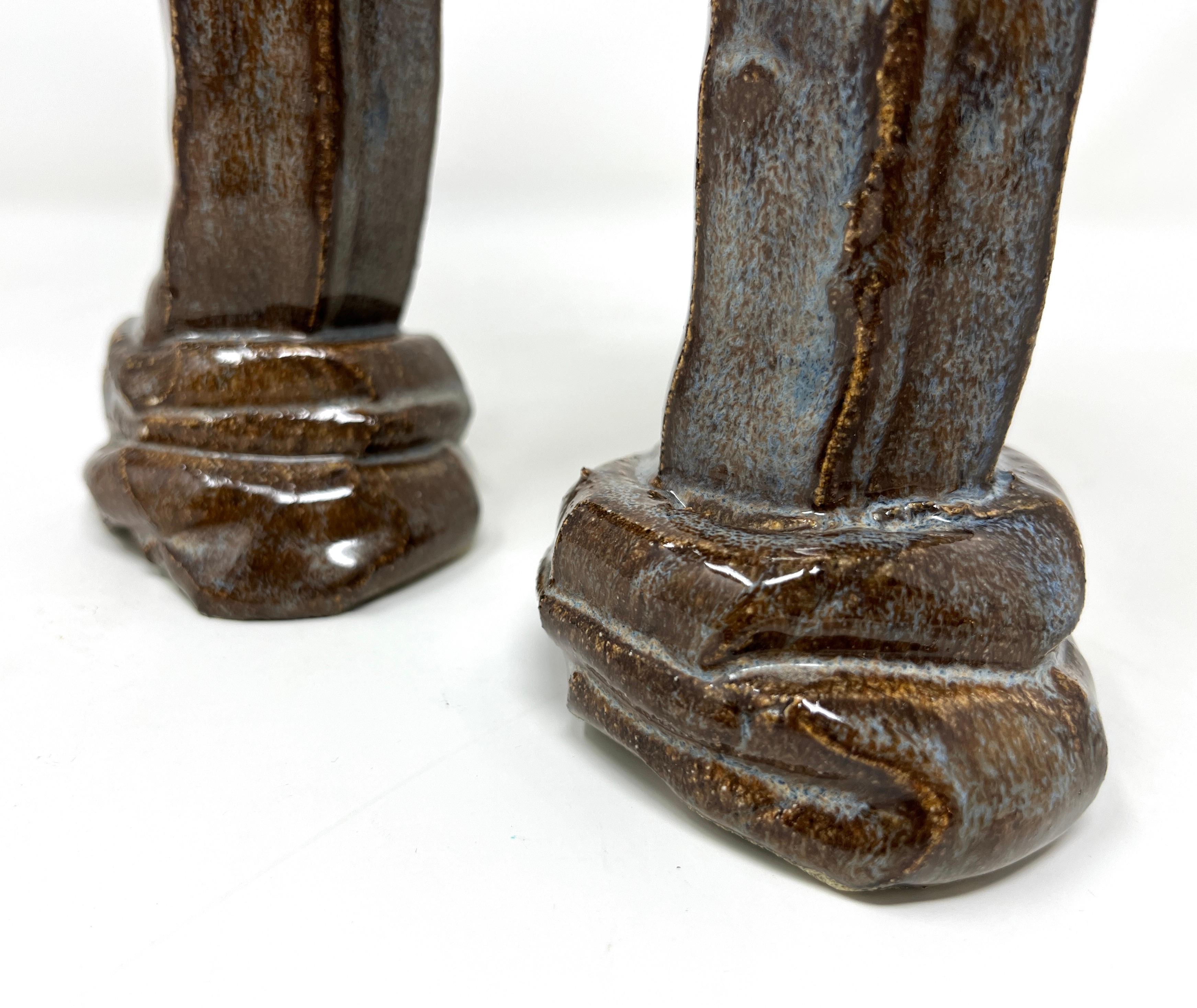 Handmade Studio Art Postmodern Ceramic Candlesticks, Pair Blue Brown Bohemian In Good Condition For Sale In Chicago, IL