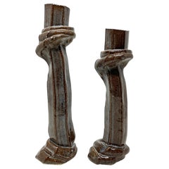Handmade Studio Art Postmodern Ceramic Candlesticks, Pair Blue Brown Bohemian