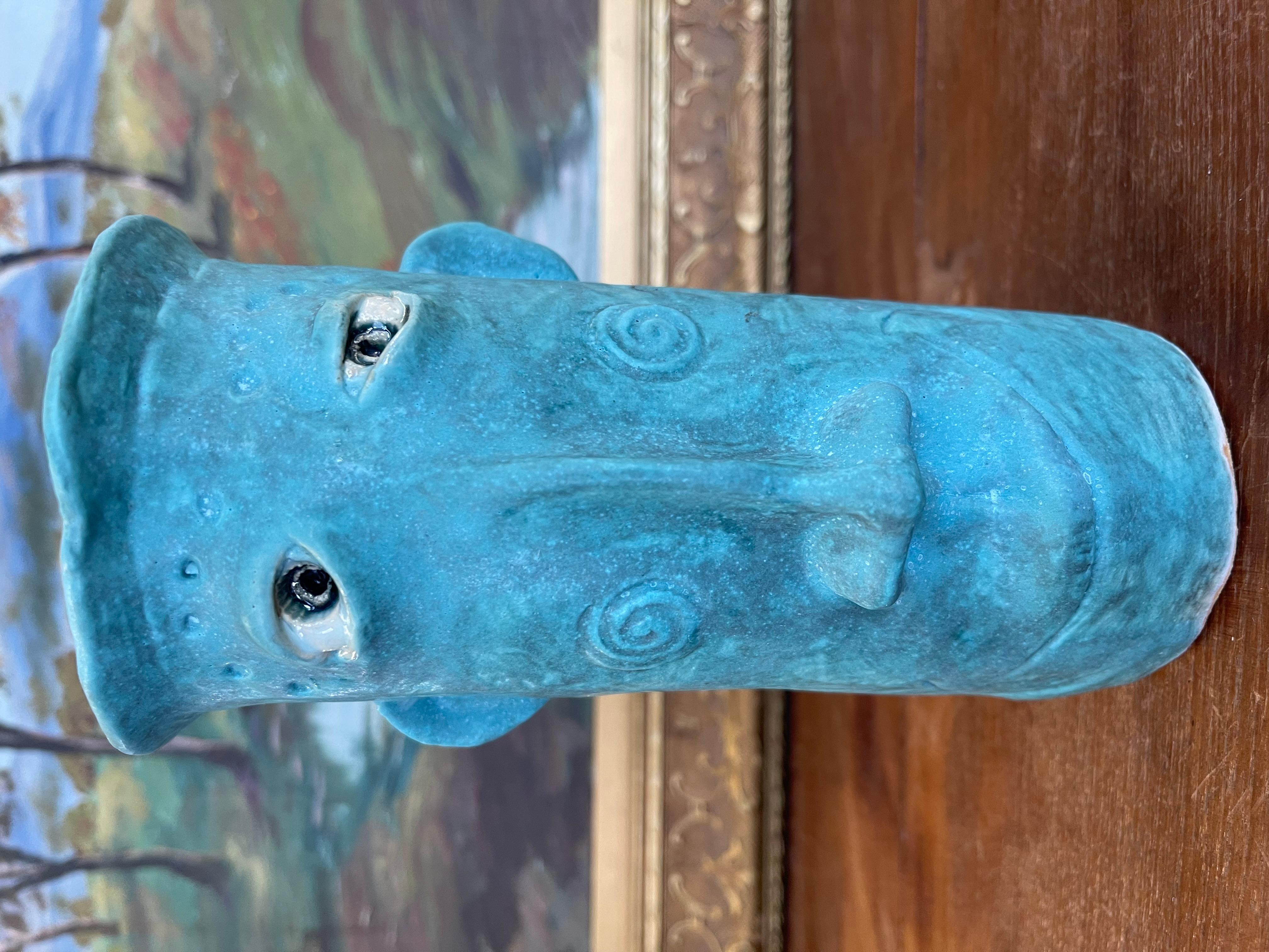 Mid-Century Modern Handmade Studio Pottery Blue Face Vase by Muddy River Clay For Sale