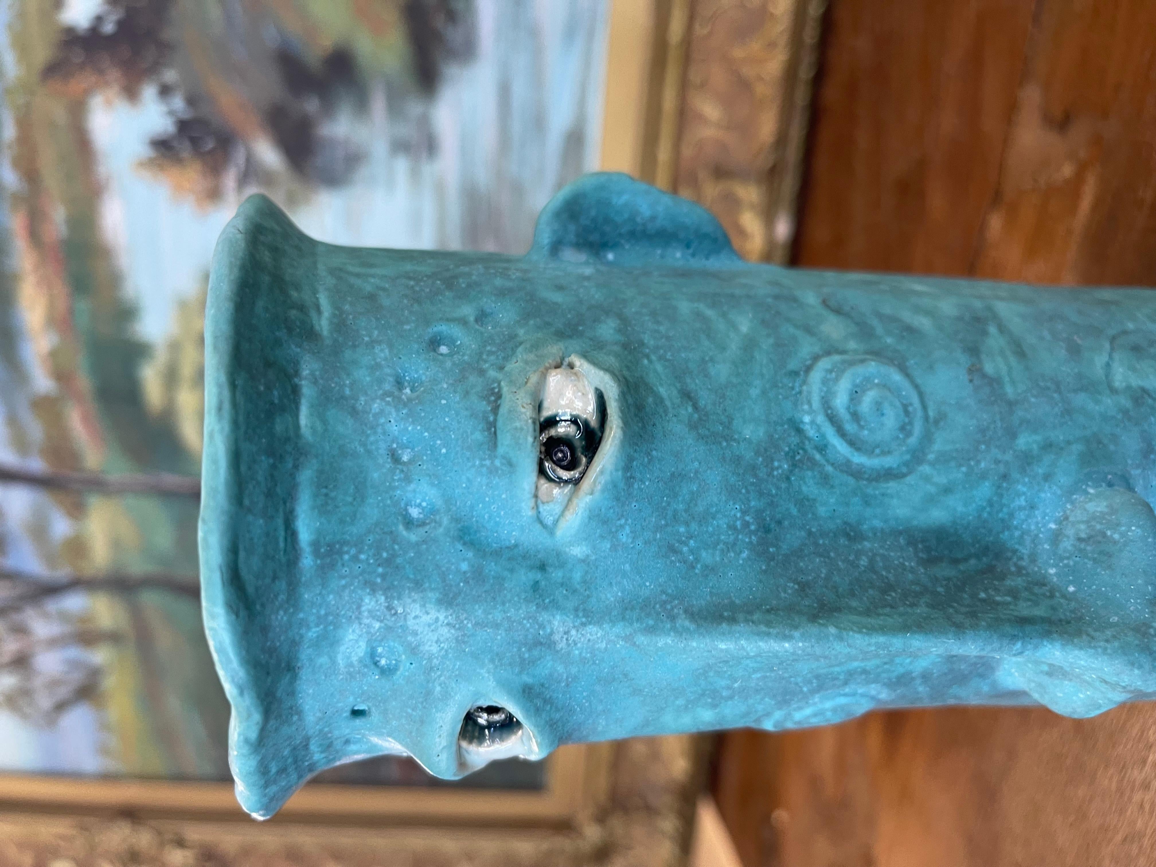 Late 20th Century Handmade Studio Pottery Blue Face Vase by Muddy River Clay For Sale