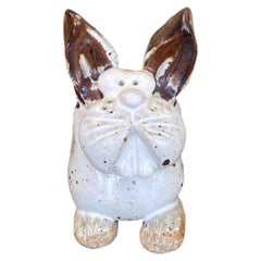 Handmade Studio Pottery Bunny Card Holder with Brown Glaze Accents.