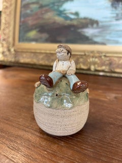 Handmade Studio Pottery Incense Holder with Seated Figure Sculpture, Signed 1976
