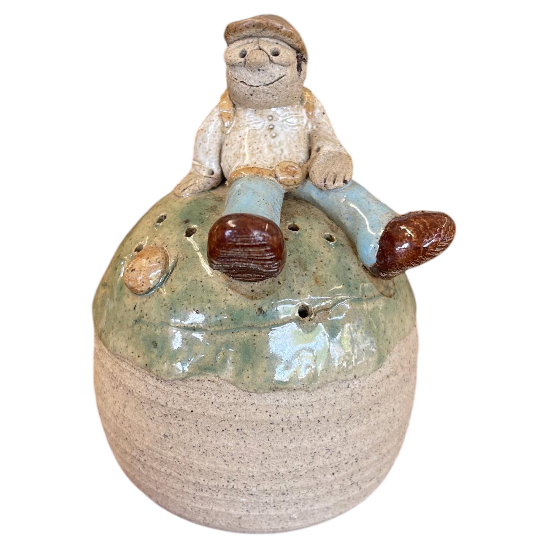 Handmade Studio Pottery Incense Holder with Seated Figure Sculpture, Signed 1976