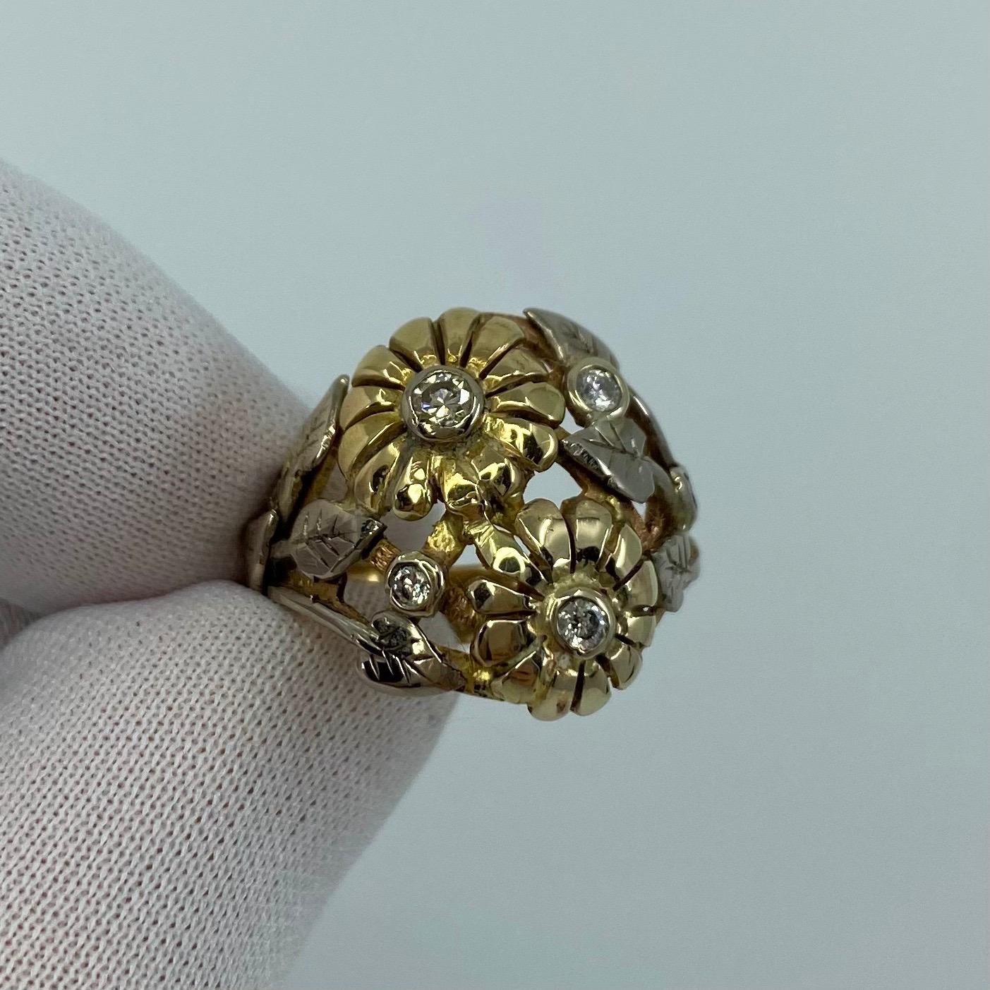 Round Cut Handmade Summertime Flower Mixed 18 Karat Gold & Diamond Autumn Art Nouveau Ring For Sale