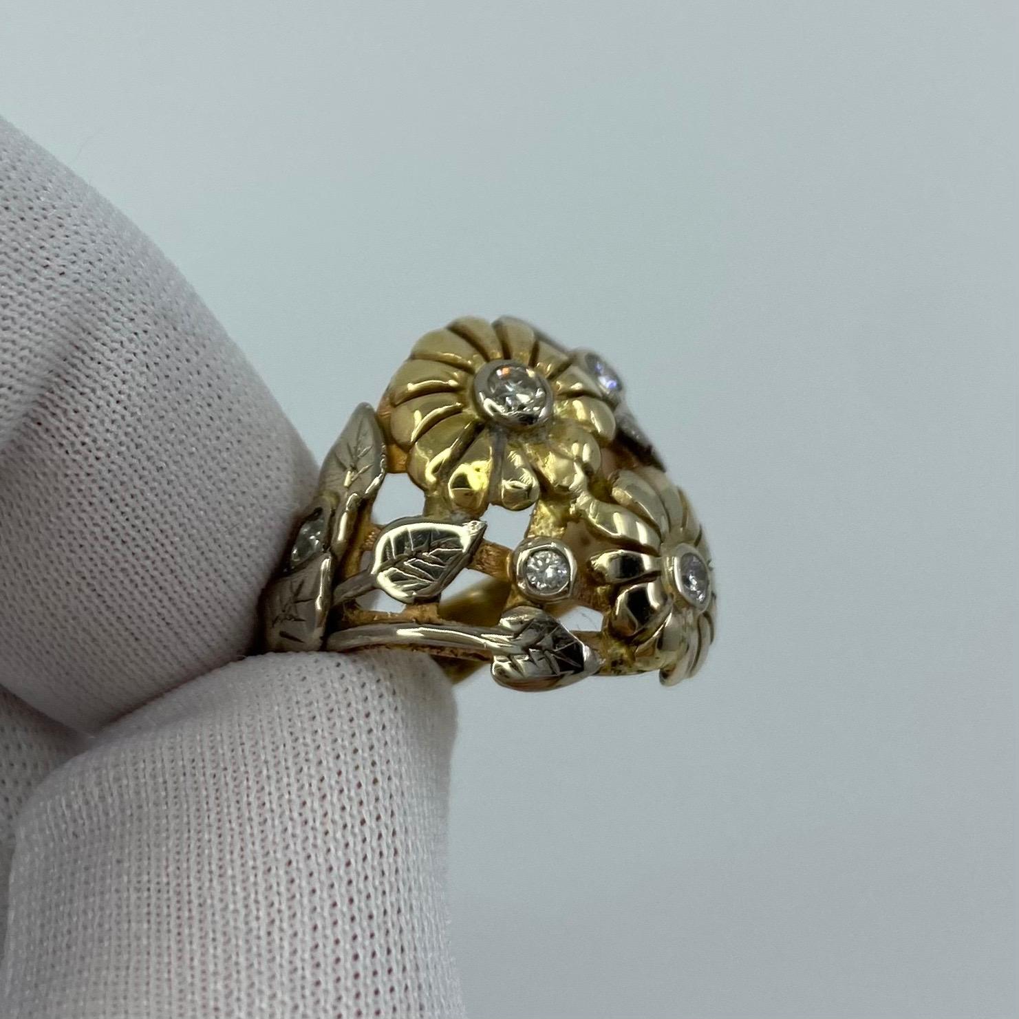 Handgefertigter Sommerblumen-Ring aus 18 Karat Gold mit Diamanten im Jugendstil (Rundschliff) im Angebot