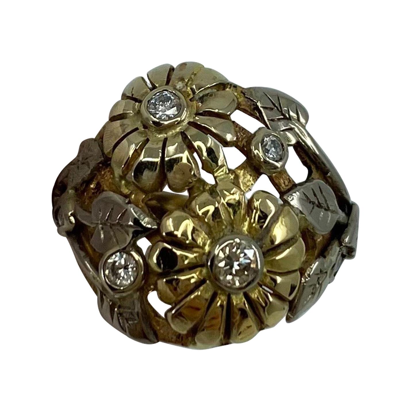 Handmade Summertime Flower Mixed 18 Karat Gold & Diamond Autumn Art Nouveau Ring For Sale