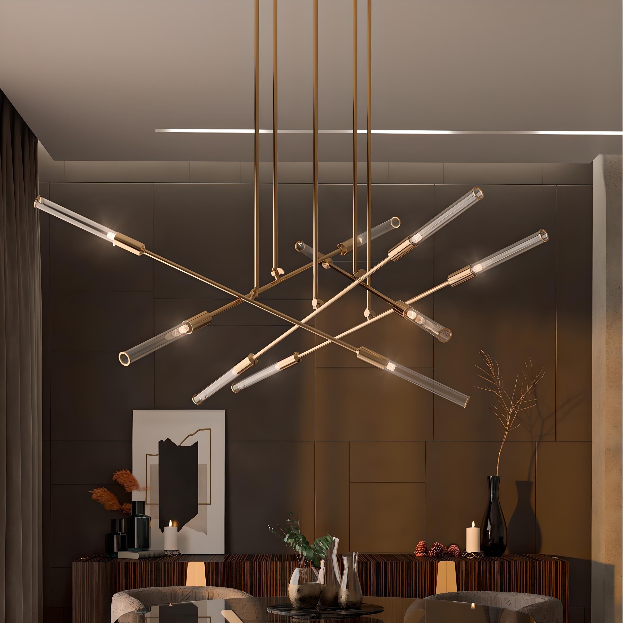 Minimalist Handmade Suspension Light with Sleek Brass Tubes and Glass For Sale