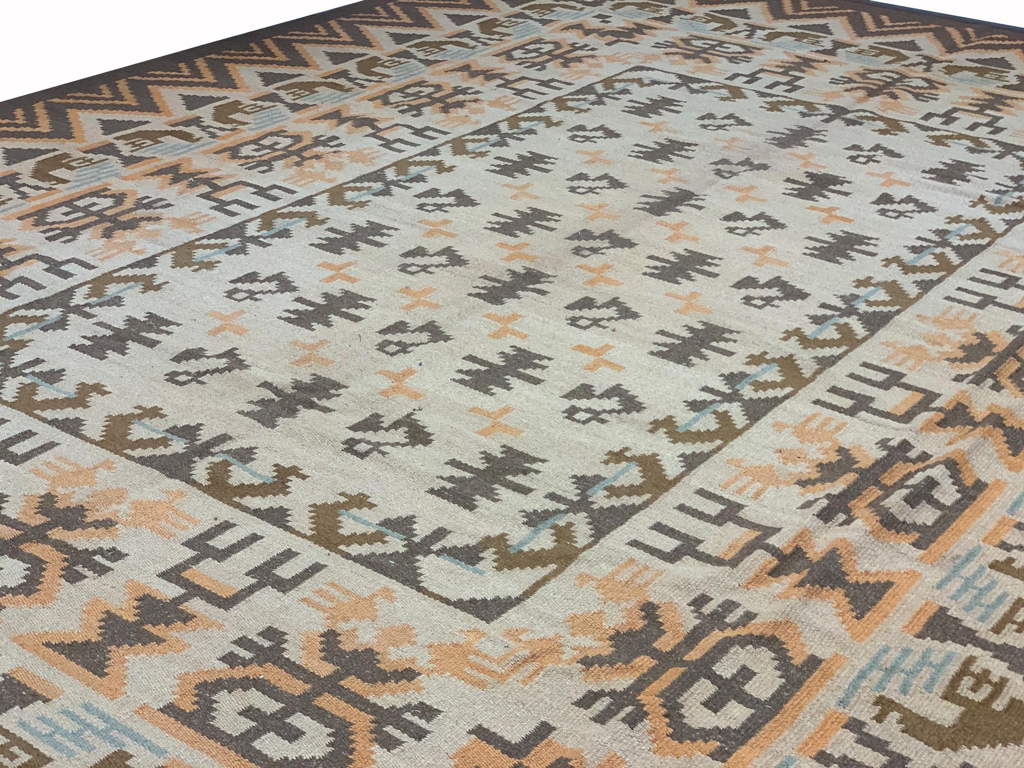 Mid-Century Modern Handmade Swedish Kilim Rug, Traditional Geometric Wool Carpet