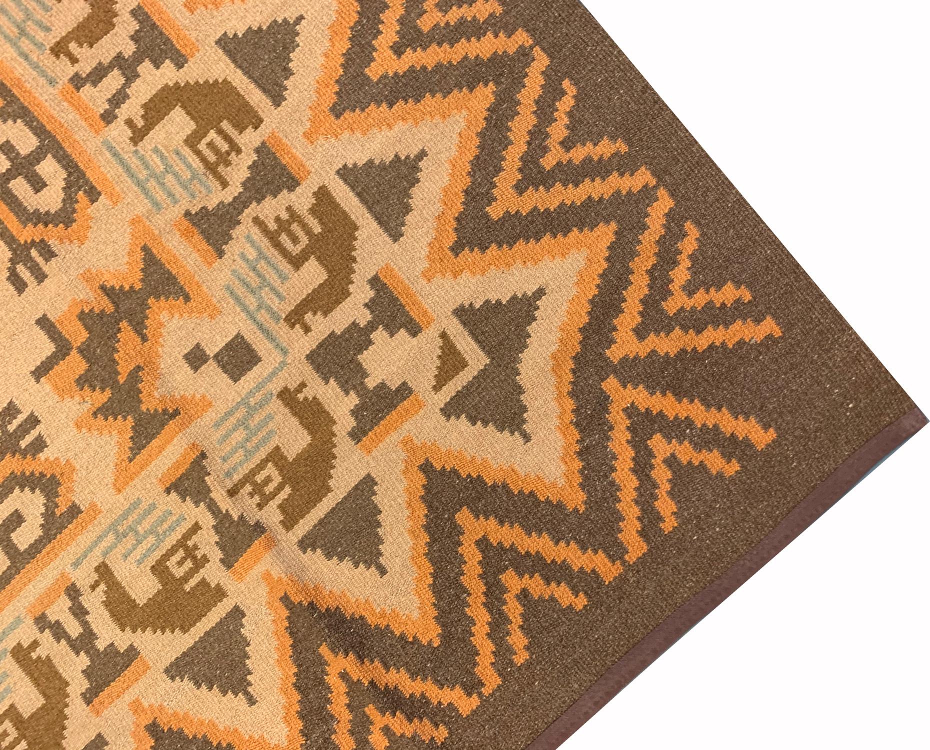 Hand-Knotted Handmade Swedish Kilim Rug, Traditional Geometric Wool Carpet