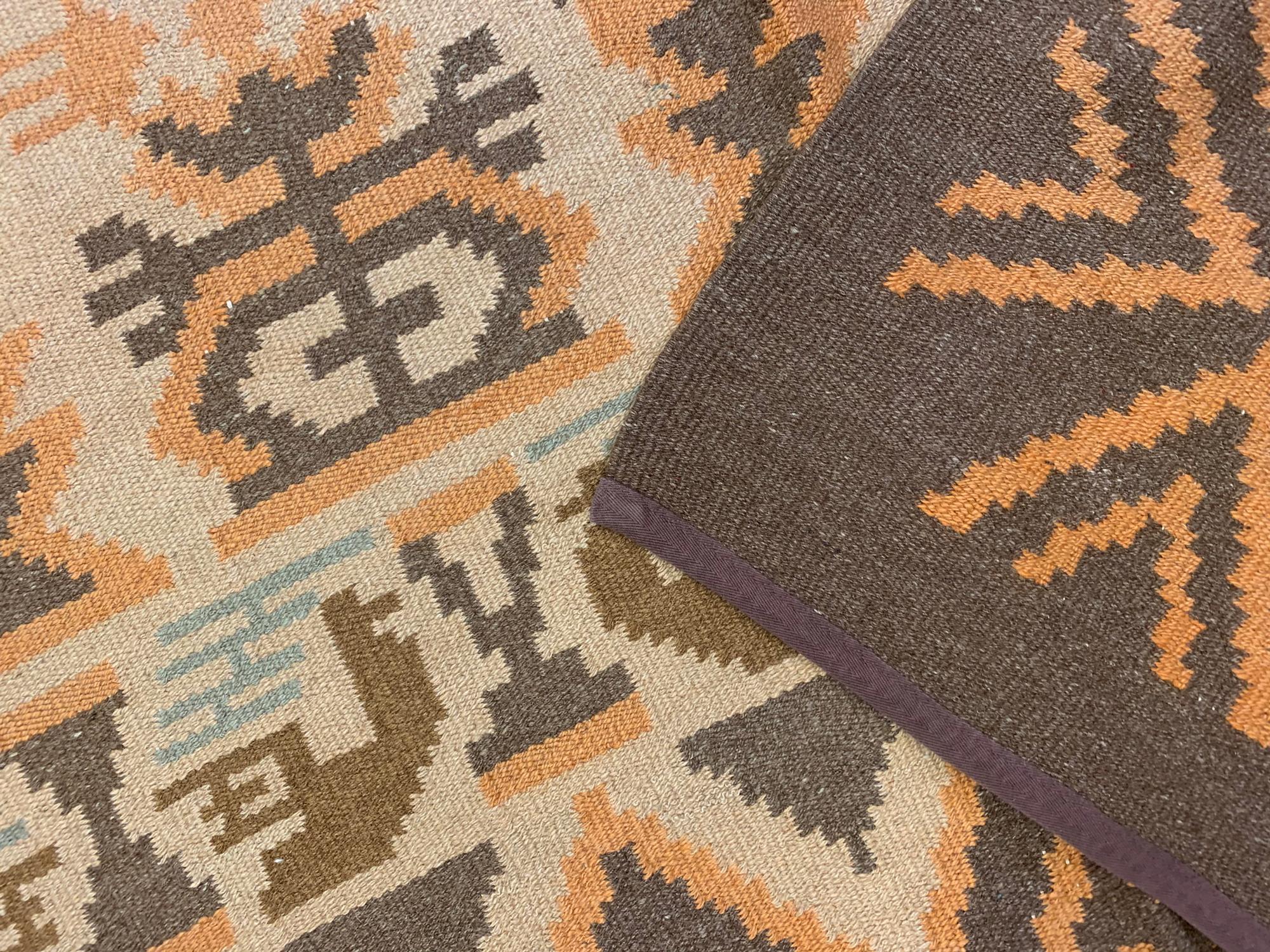 Organic Material Handmade Swedish Kilim Rug, Traditional Geometric Wool Carpet