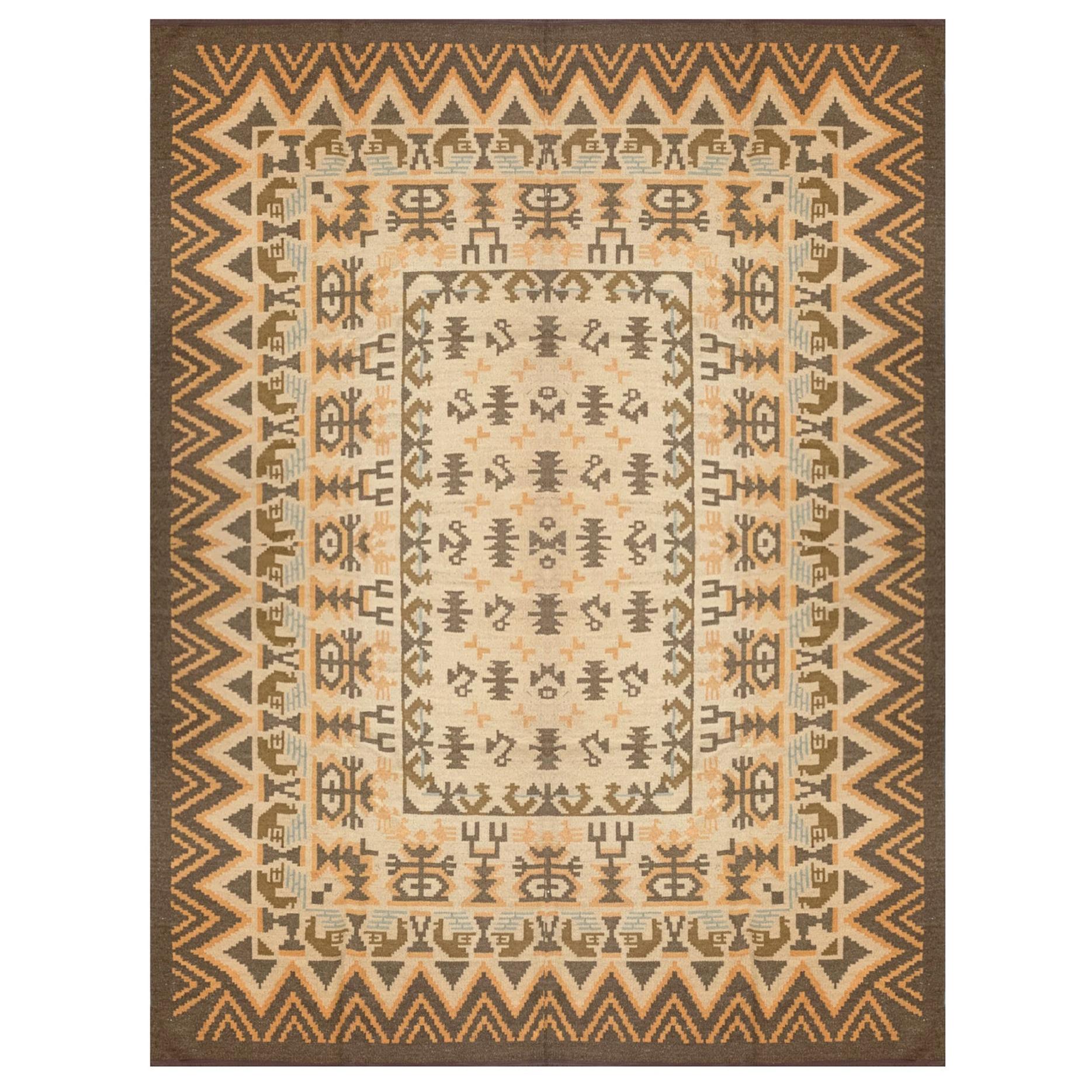 Handmade Swedish Kilim Rug, Traditional Geometric Wool Carpet