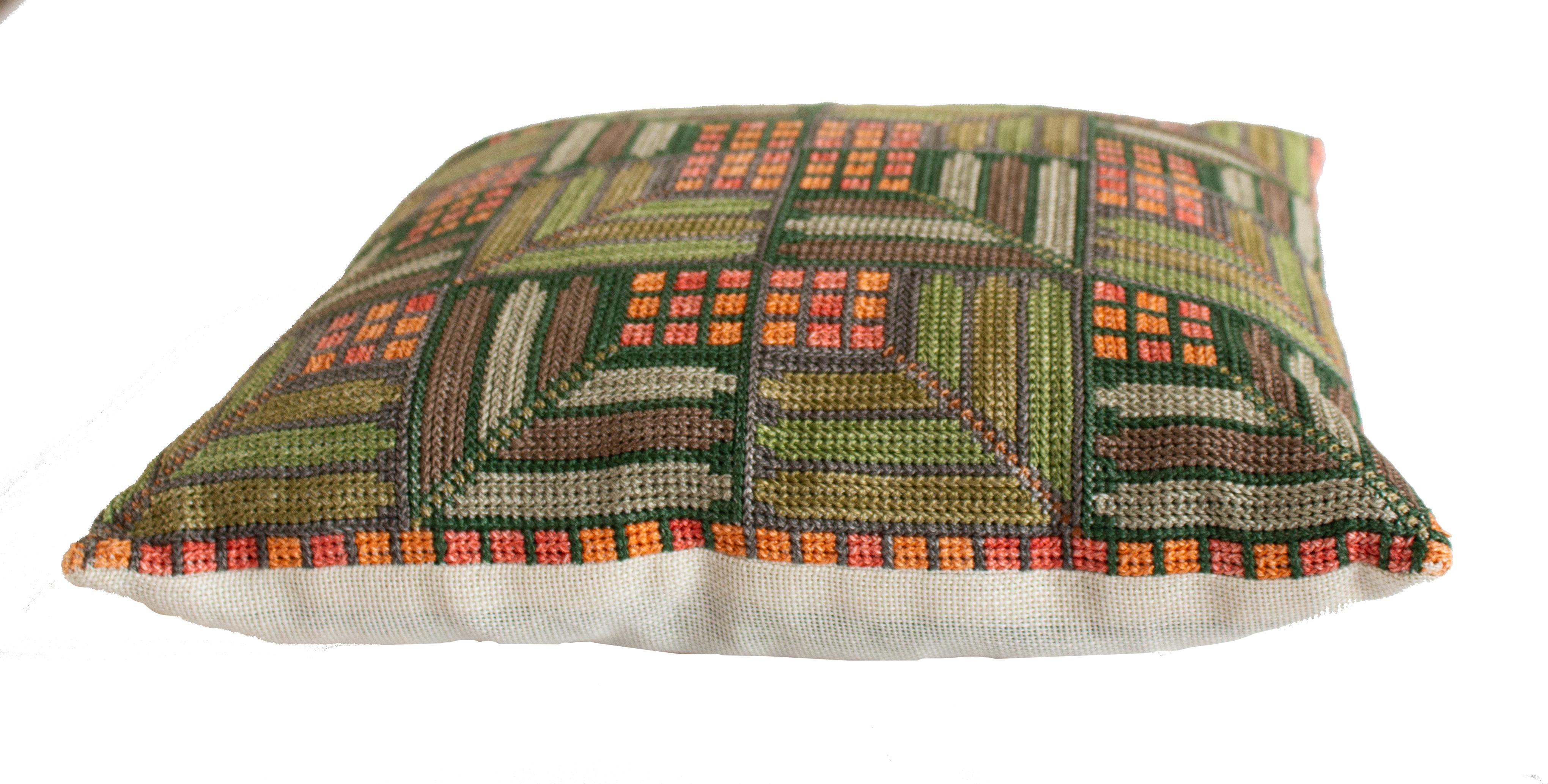 Handmade fabulous midcentury geometric inspired needlepoint pillow with linen back. Tones with green, orange, red and brown. From Sweden with love.