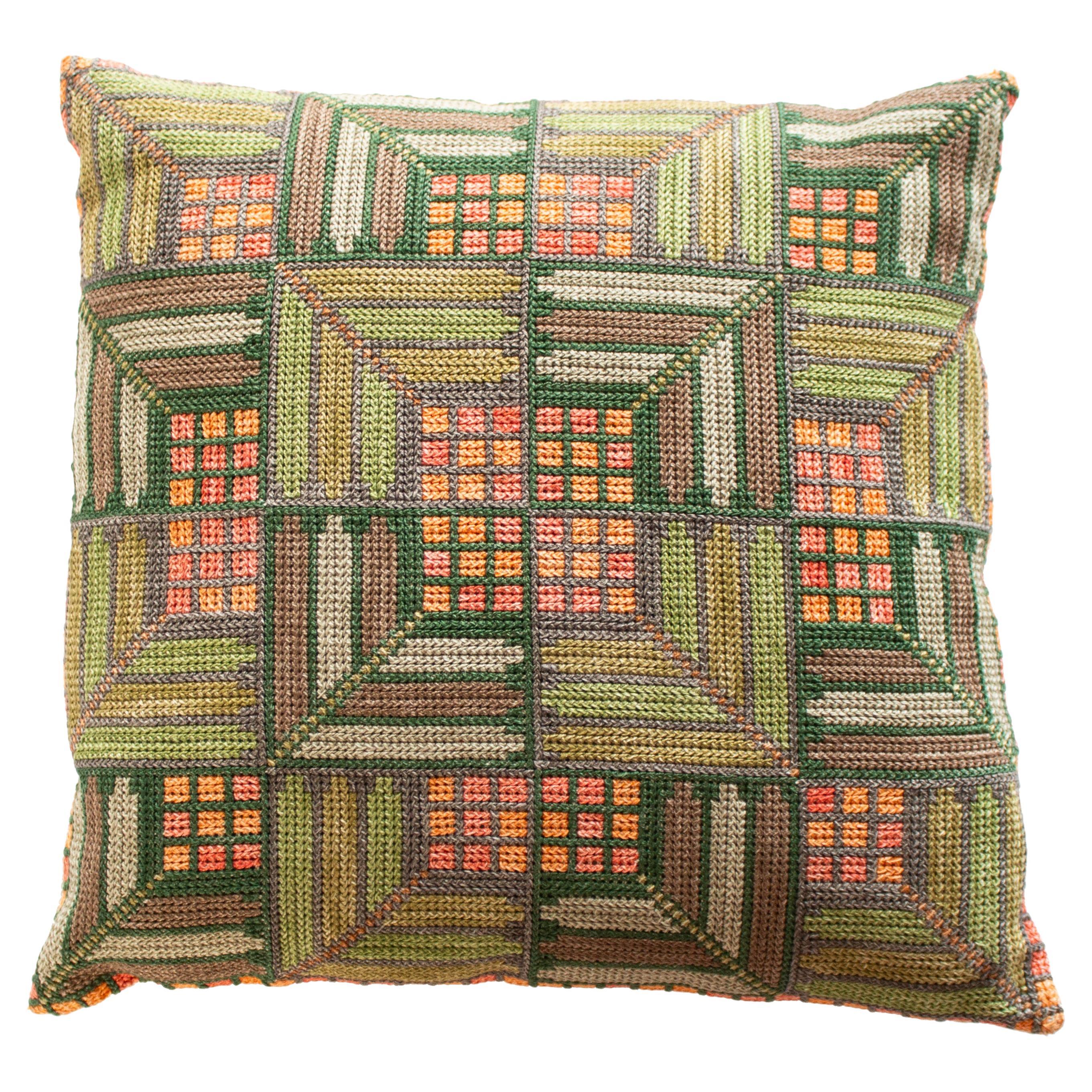 Handmade Swedish Midcentury Geometric Inspired Needlepoint Pillow.  For Sale