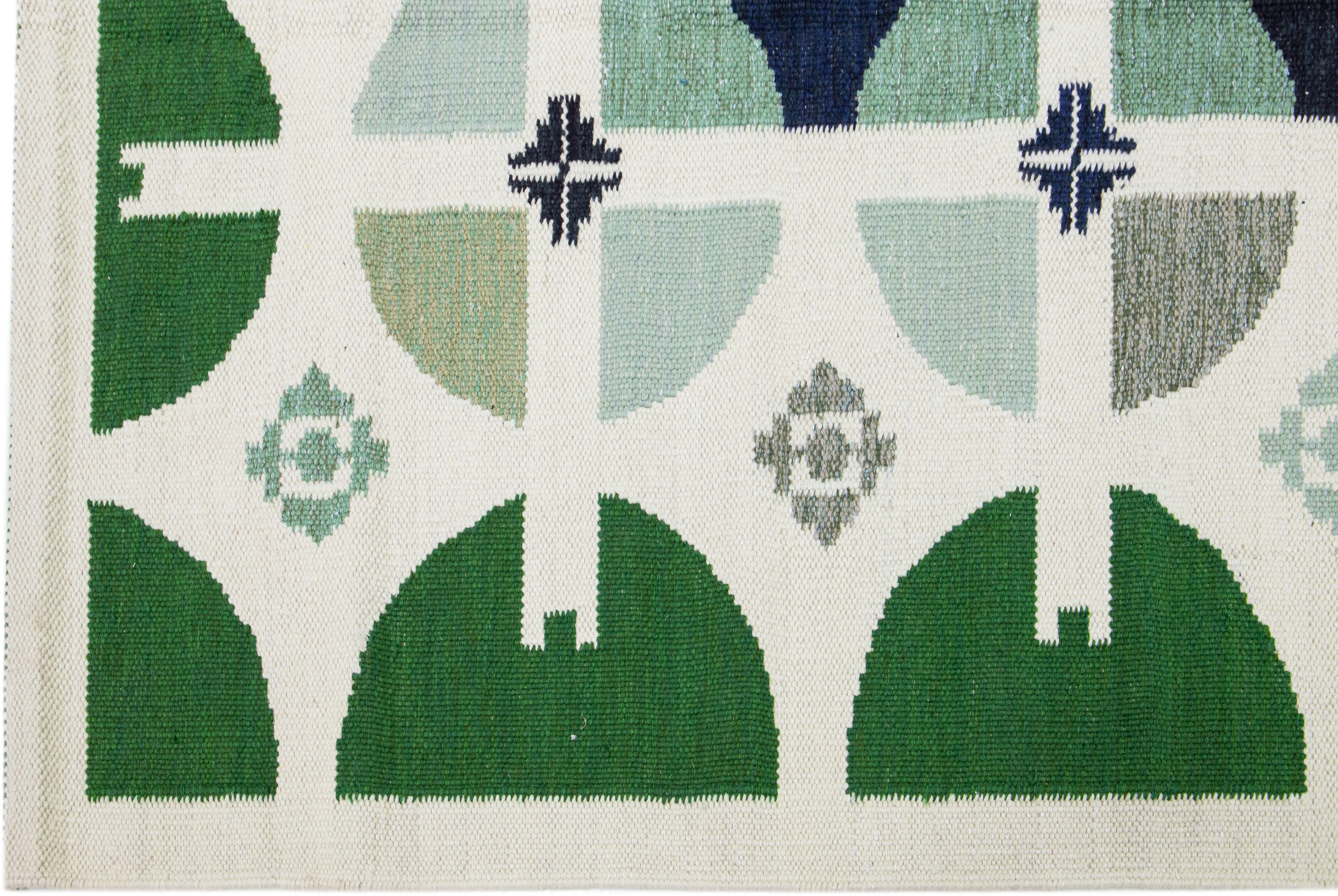 Hand-Knotted Handmade Swedish Style Modern Wool Rug with Green Geo Abstract Motif For Sale