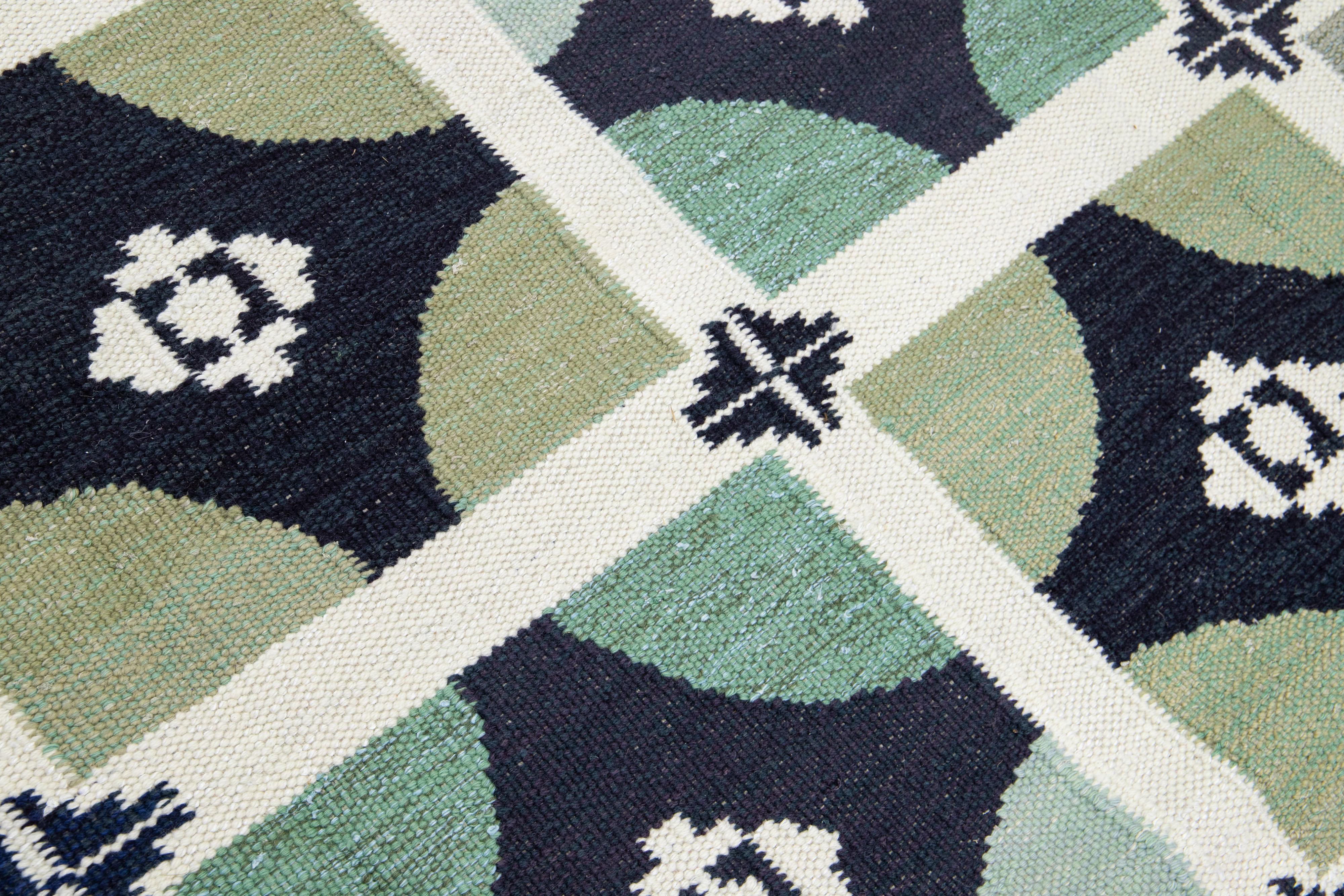 Handmade Swedish Style Modern Wool Rug with Green Geo Abstract Motif In New Condition For Sale In Norwalk, CT