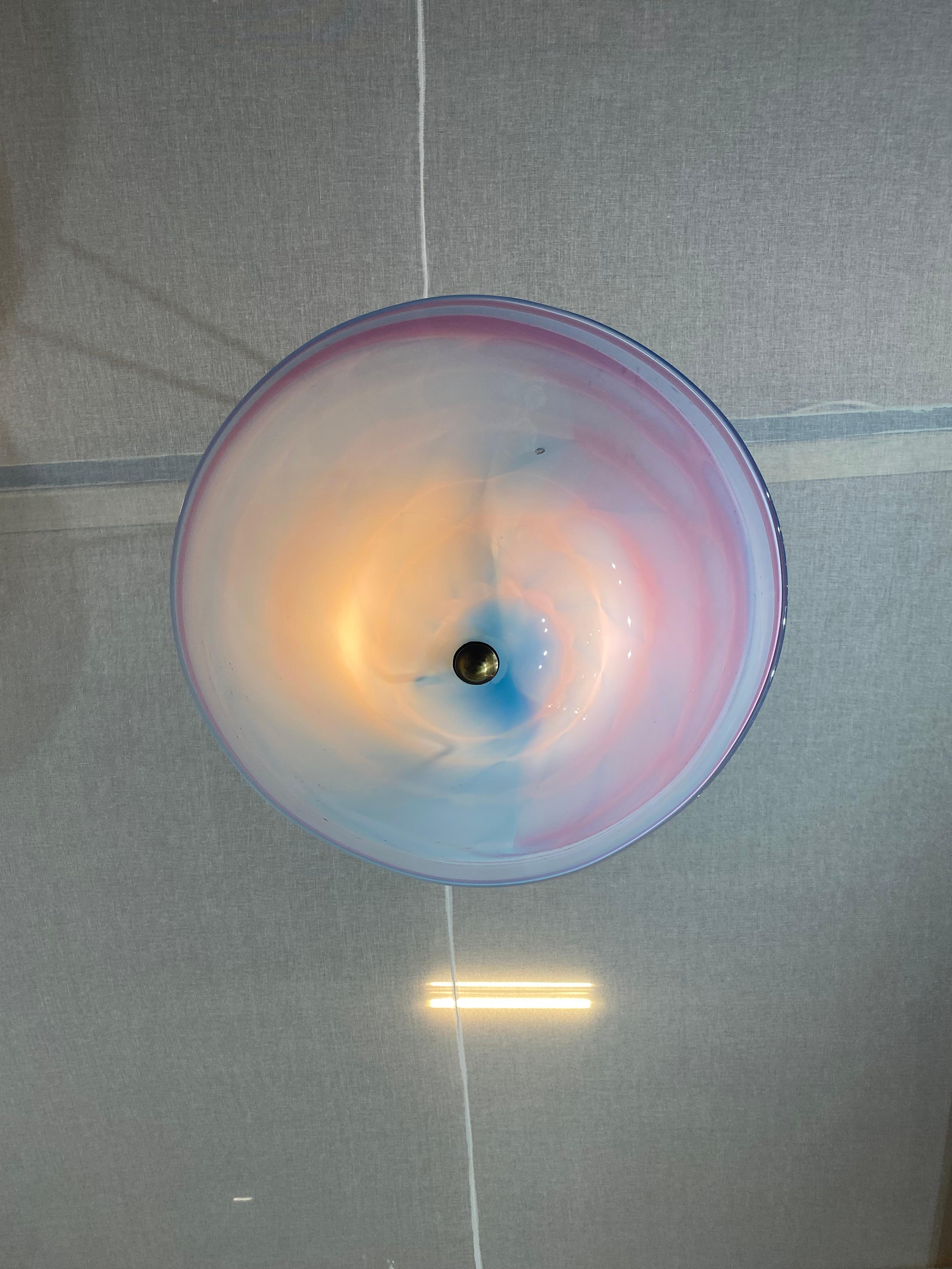 Handgemachte Swirl Murano Glas Decke Lampe Pastell Rosa Blau Italienisch Art Deco 1980s im Angebot 1