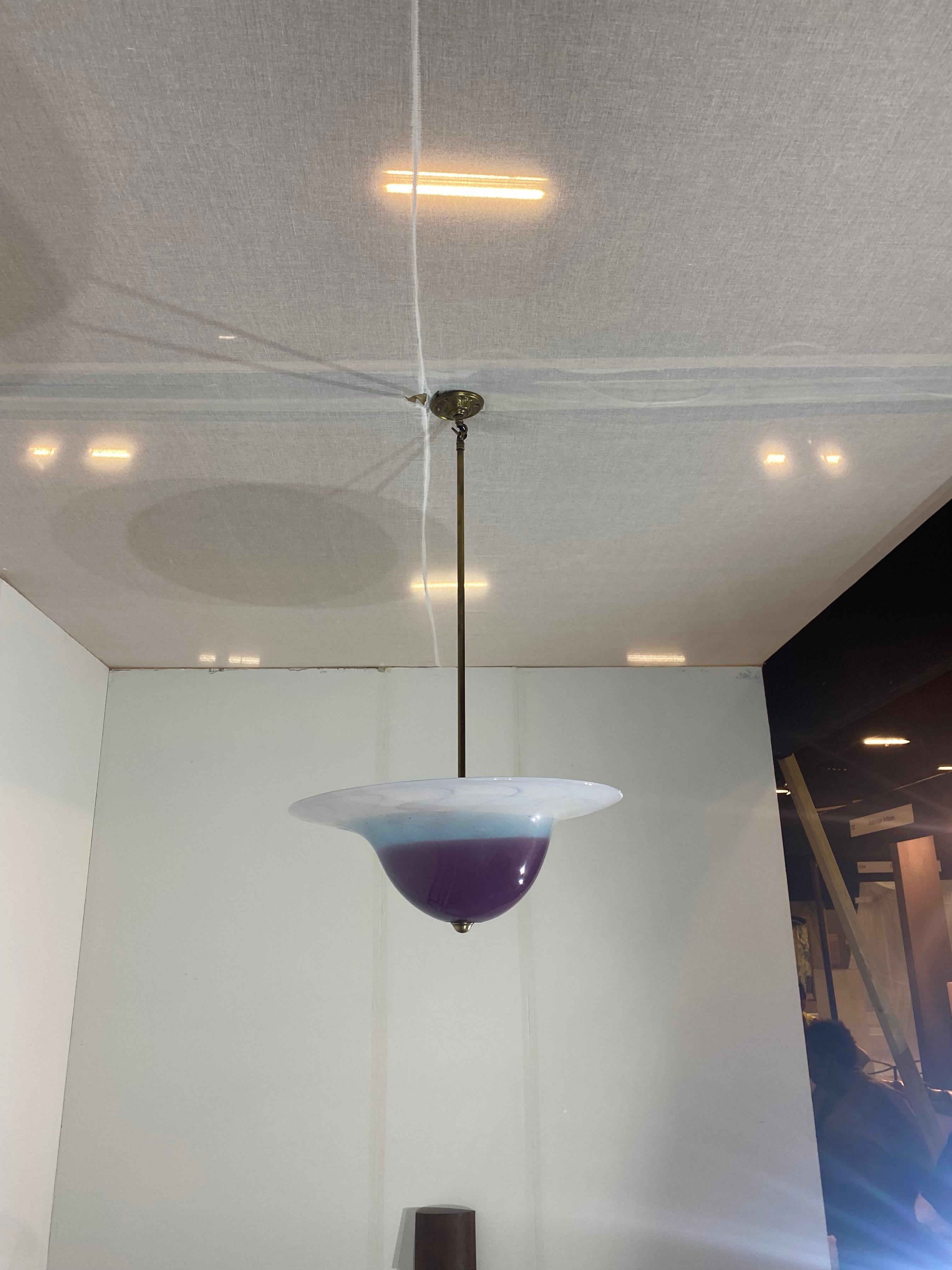 Art Deco Handmade Swirl Murano Glass Ceiling Lamp Pastel Purple Italian Brass 1980s For Sale