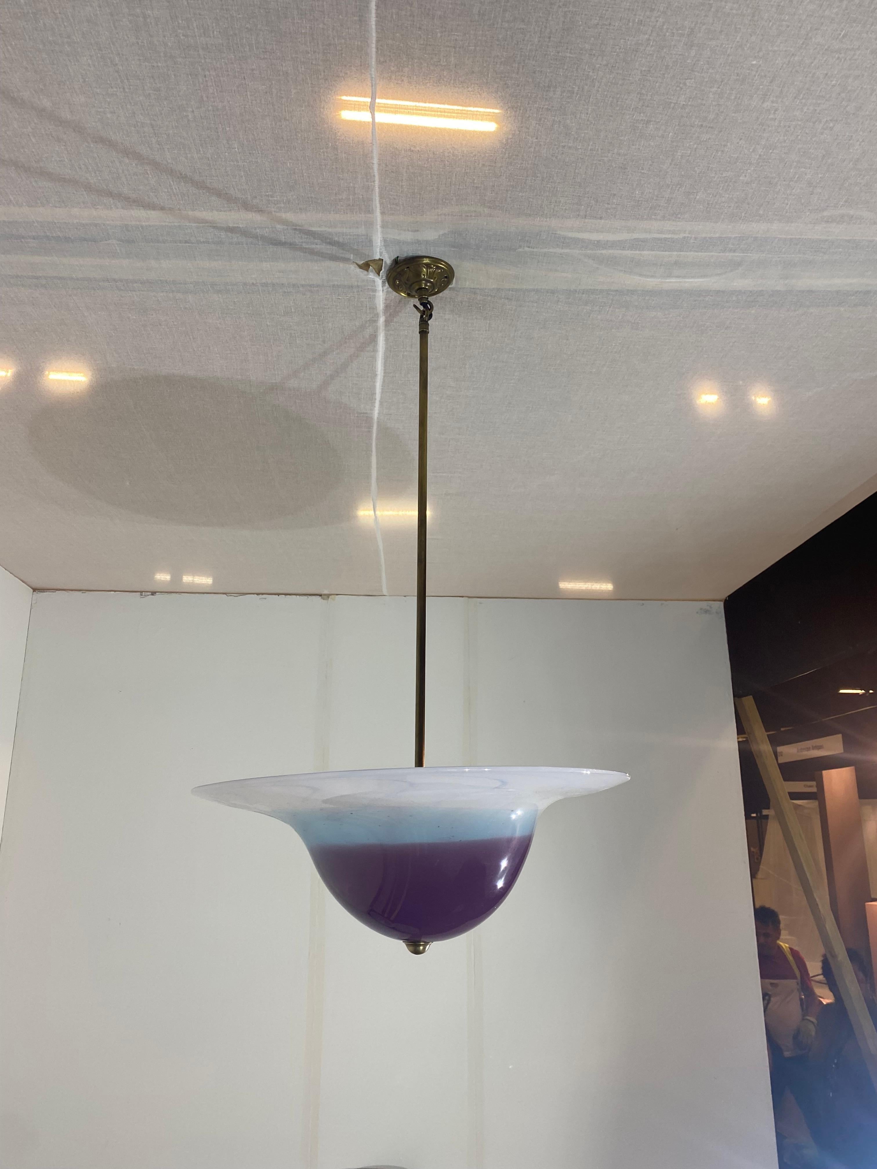 Hand-Crafted Handmade Swirl Murano Glass Ceiling Lamp Pastel Purple Italian Brass 1980s For Sale