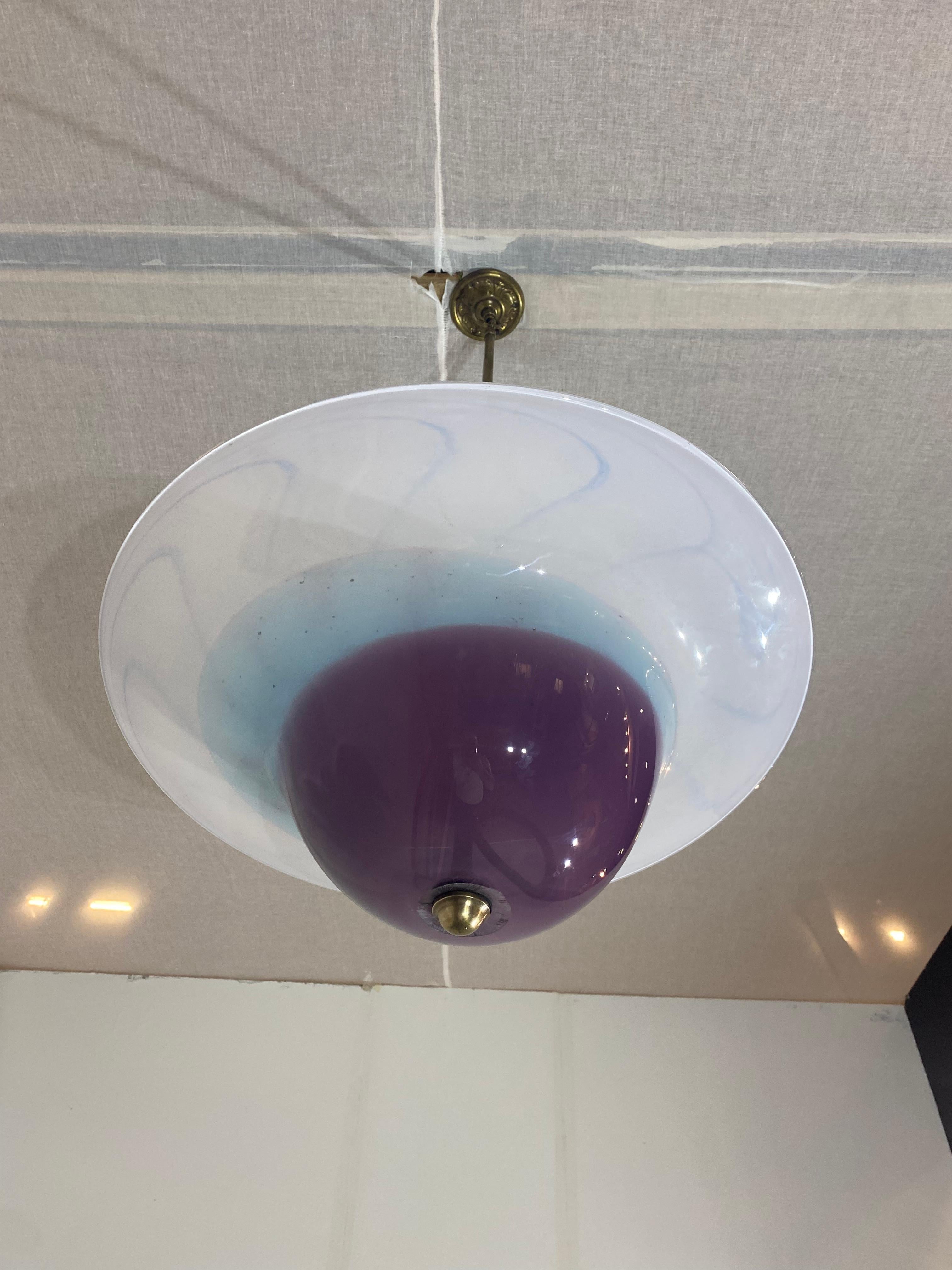Handmade Swirl Murano Glass Ceiling Lamp Pastel Purple Italian Brass 1980s In Good Condition For Sale In London, GB