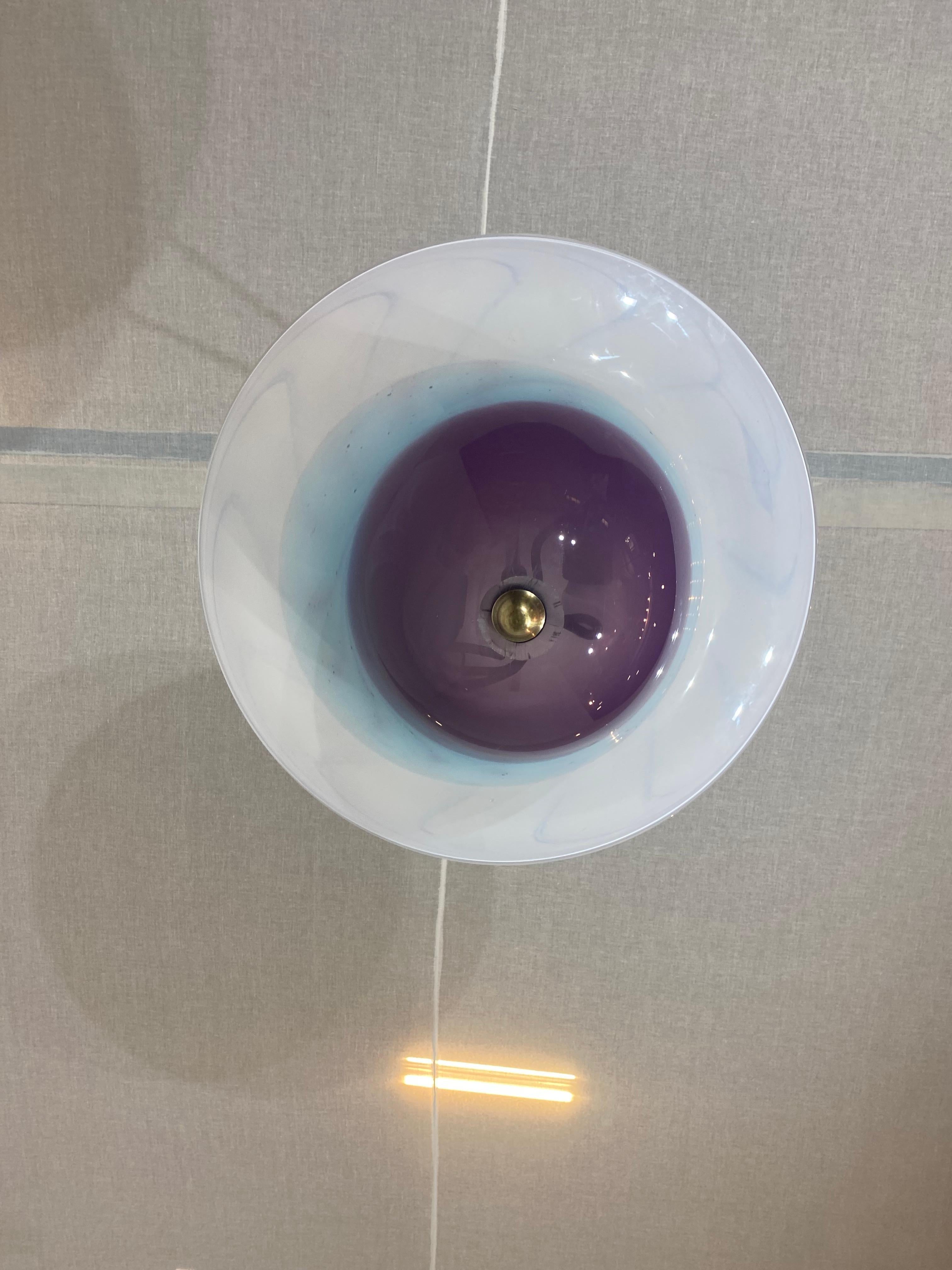 Late 20th Century Handmade Swirl Murano Glass Ceiling Lamp Pastel Purple Italian Brass 1980s For Sale