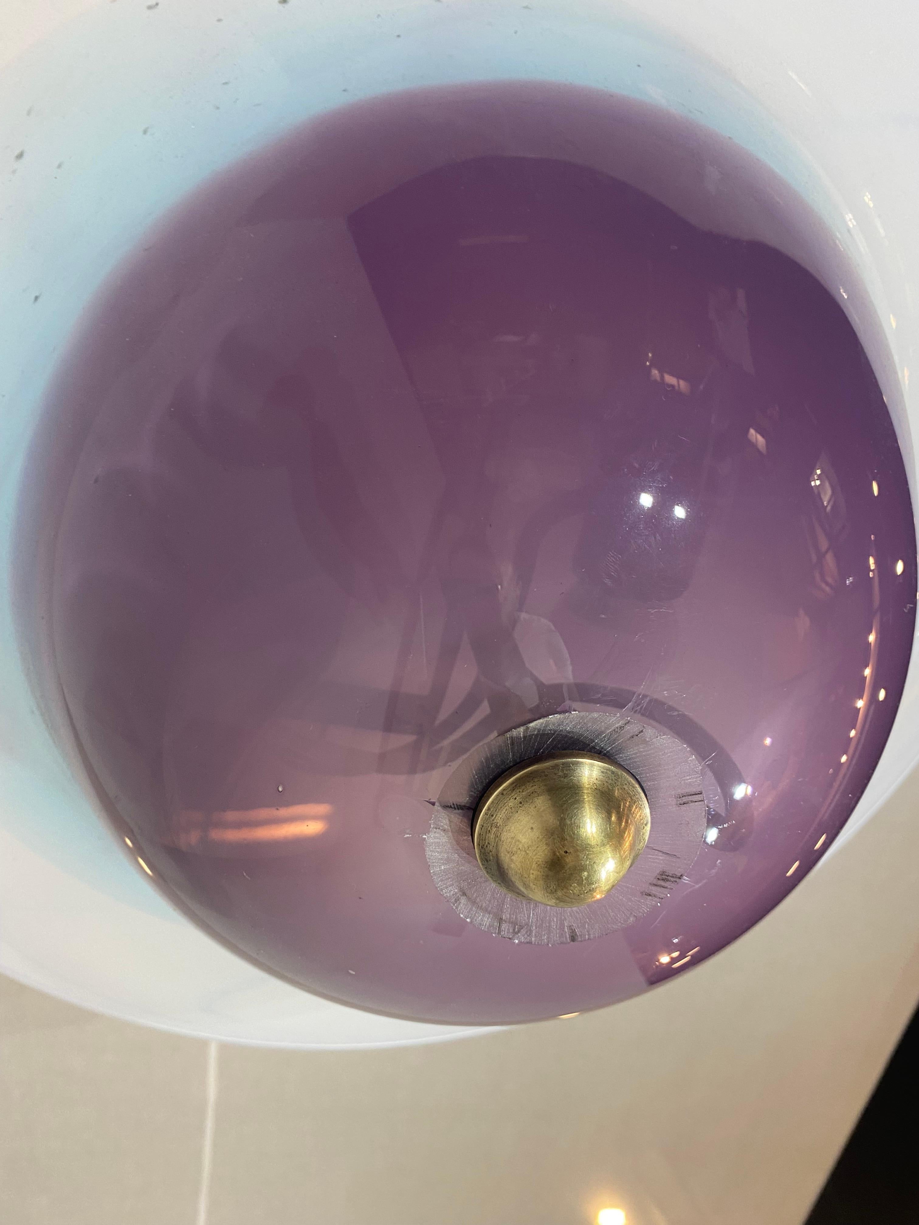 Blown Glass Handmade Swirl Murano Glass Ceiling Lamp Pastel Purple Italian Brass 1980s For Sale